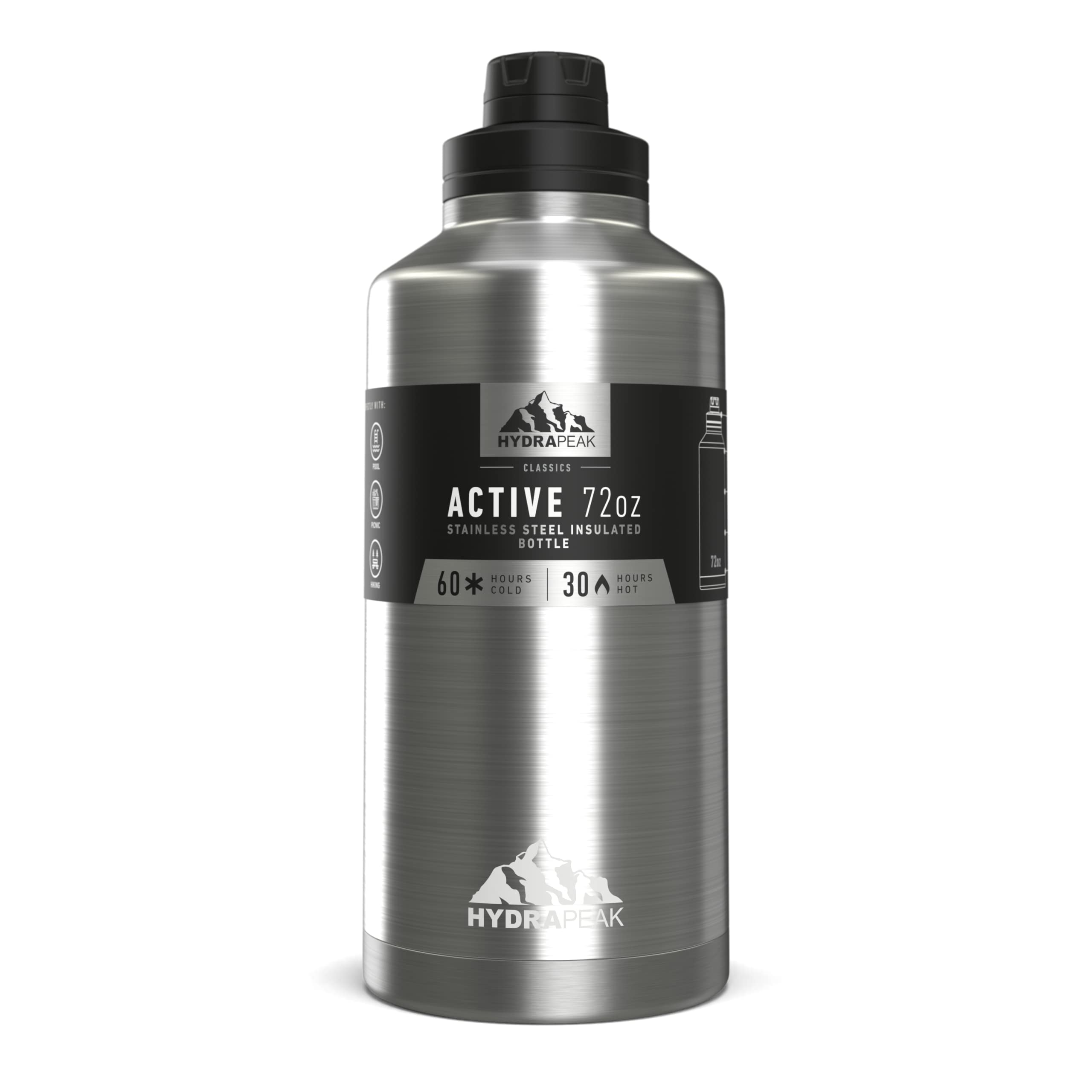 Hydrapeak 72 oz Insulated Water Bottle, Raw Stainless Steel Finish, Leak-Proof Half-Gallon Jug