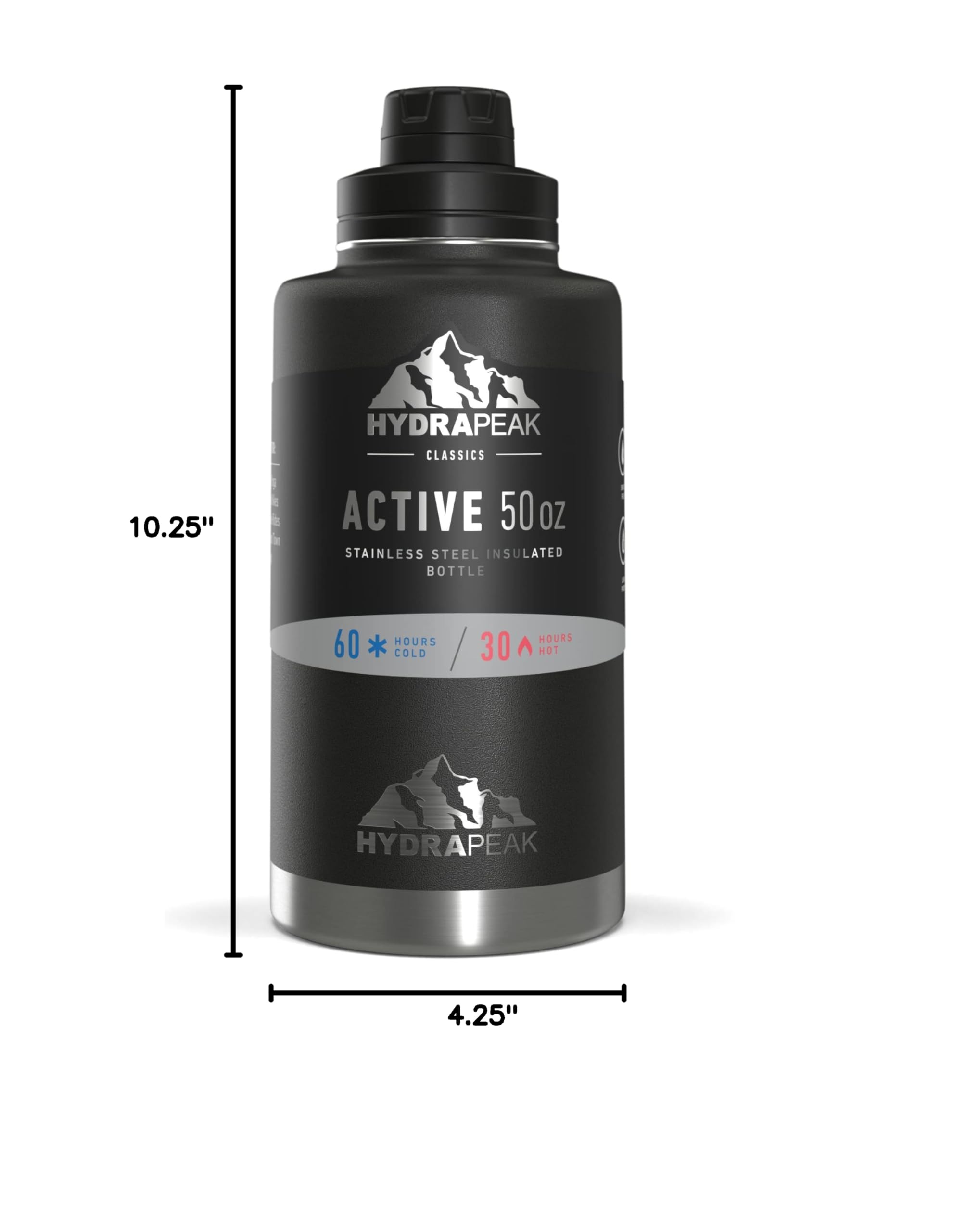 Hydrapeak 50oz Insulated Water Bottle - Black, Leak-Proof Stainless Steel Flask with Chug Lid and Handle