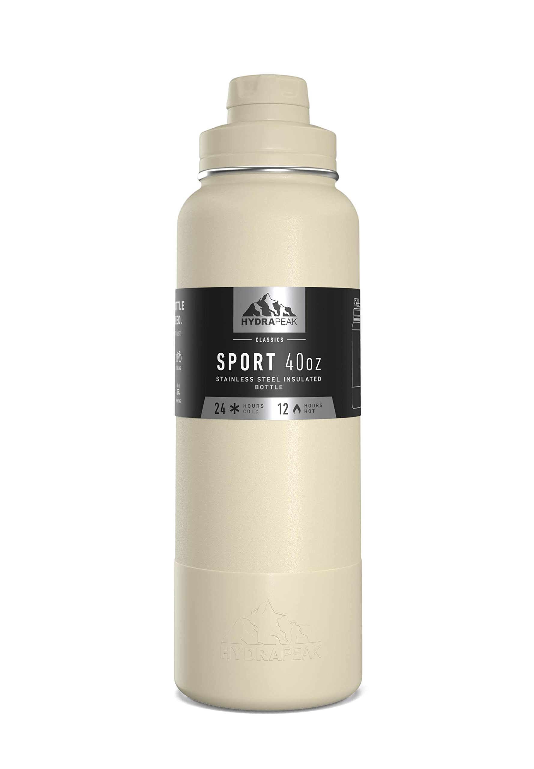 Hydrapeak 40oz Sport Insulated Water Bottle - Straw & Chug Lids, Modern Cream