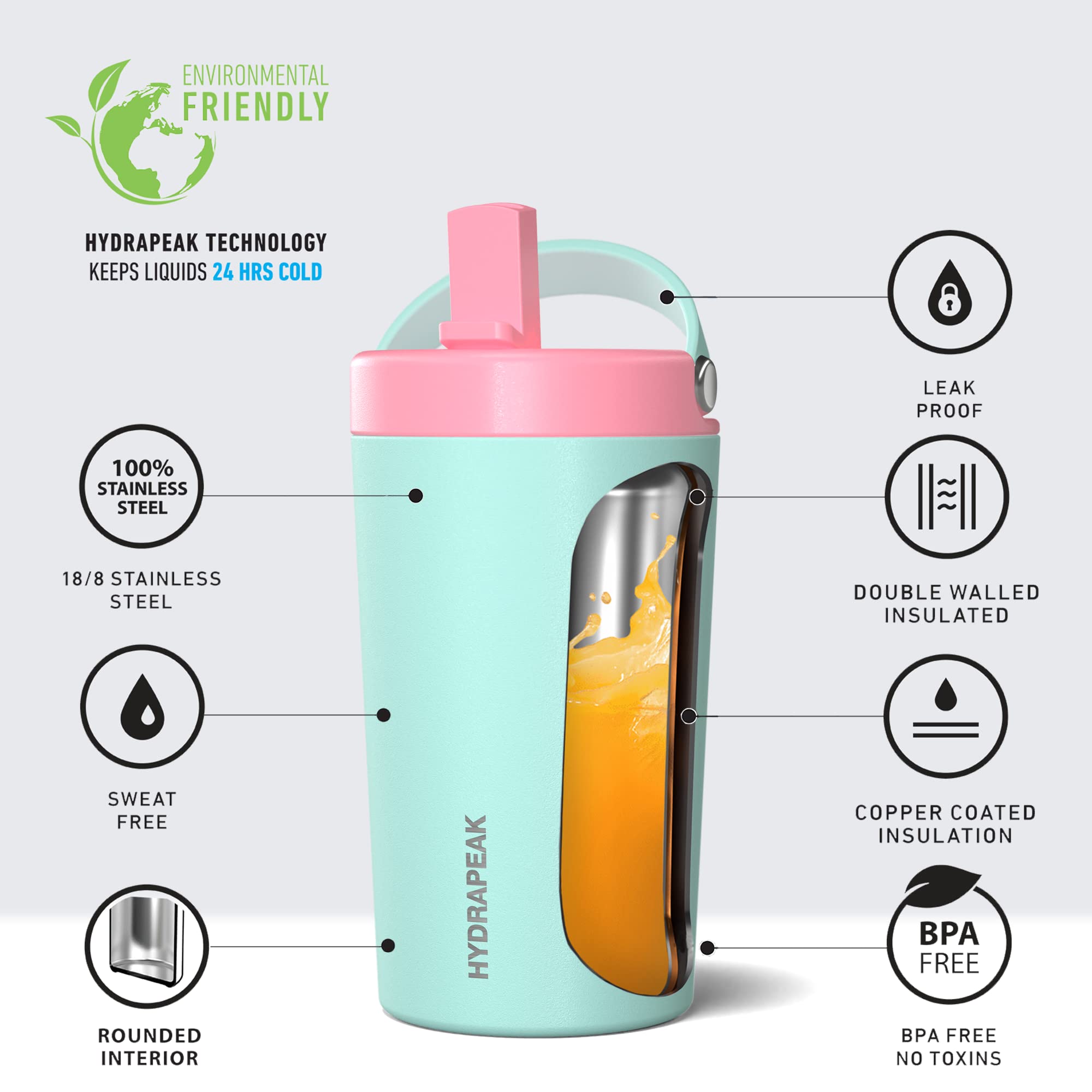 Hydrapeak Junior 14oz Insulated Kids Water Bottle - Aqua/Bubblegum Straw Lid