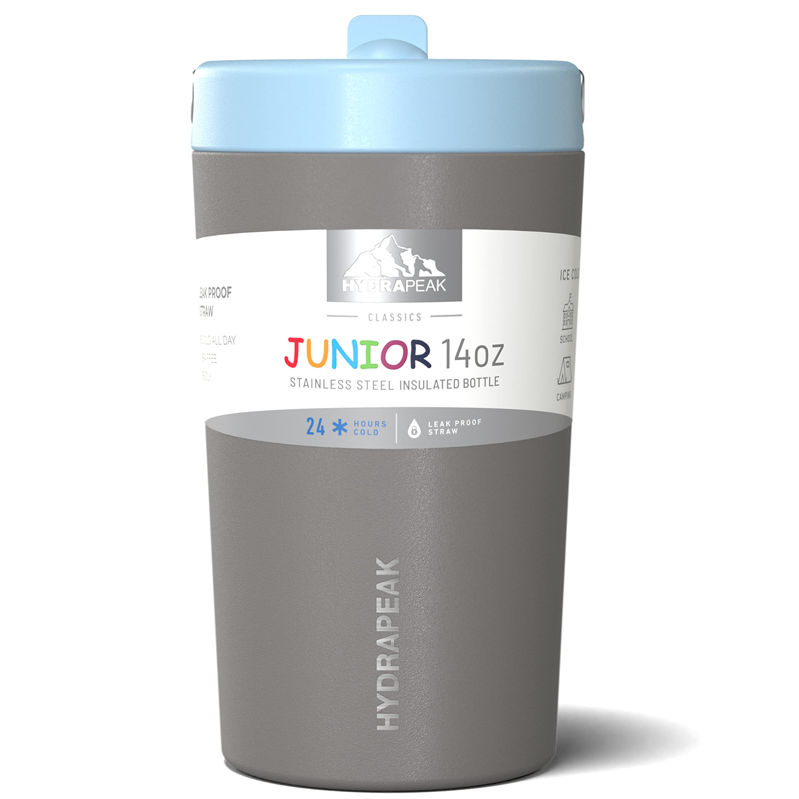 Hydrapeak Junior 14oz Kids Insulated Water Bottle - Straw Lid, Grey/Cloud