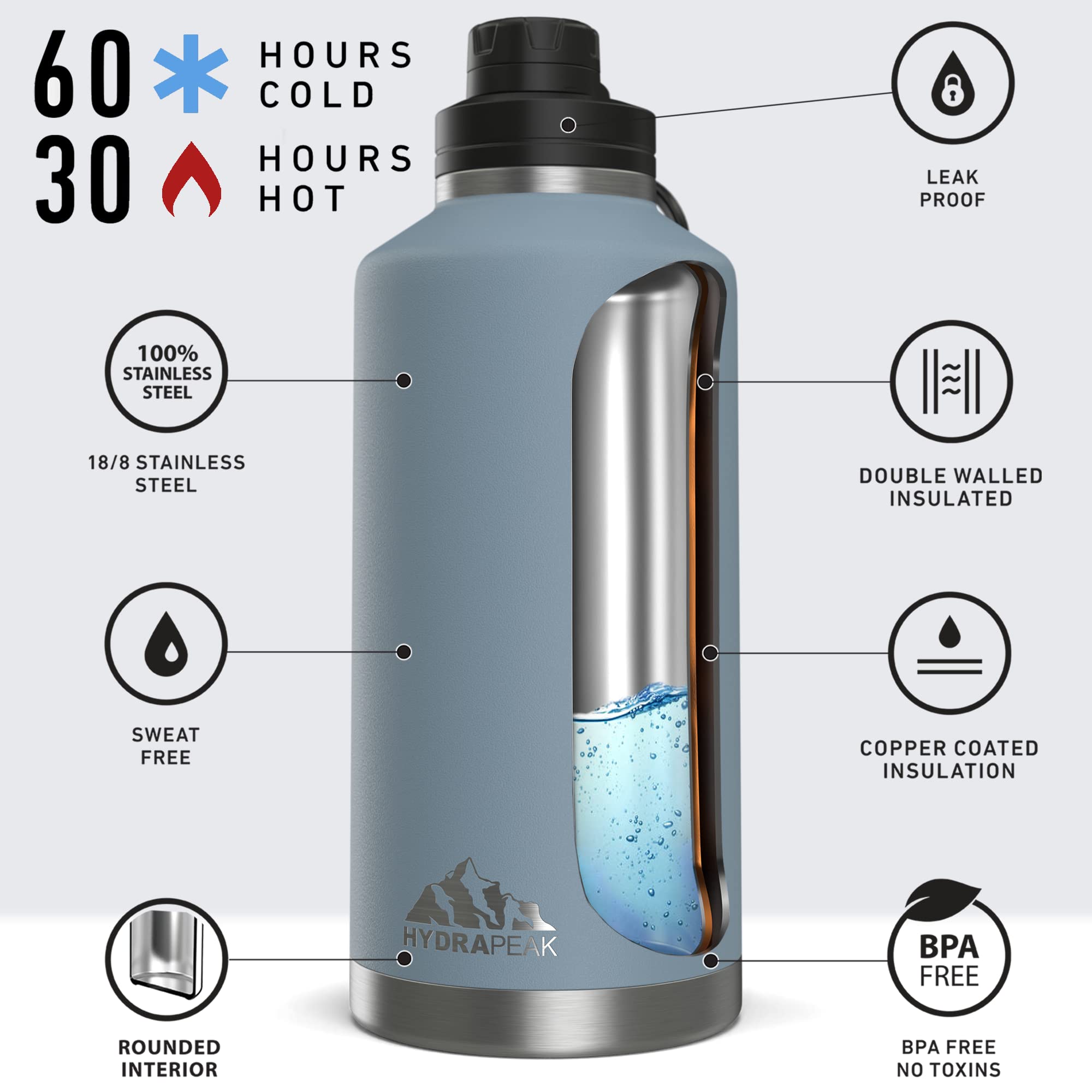 Hydrapeak 72 oz Insulated Water Jug - Storm Gray, Half Gallon Bottle