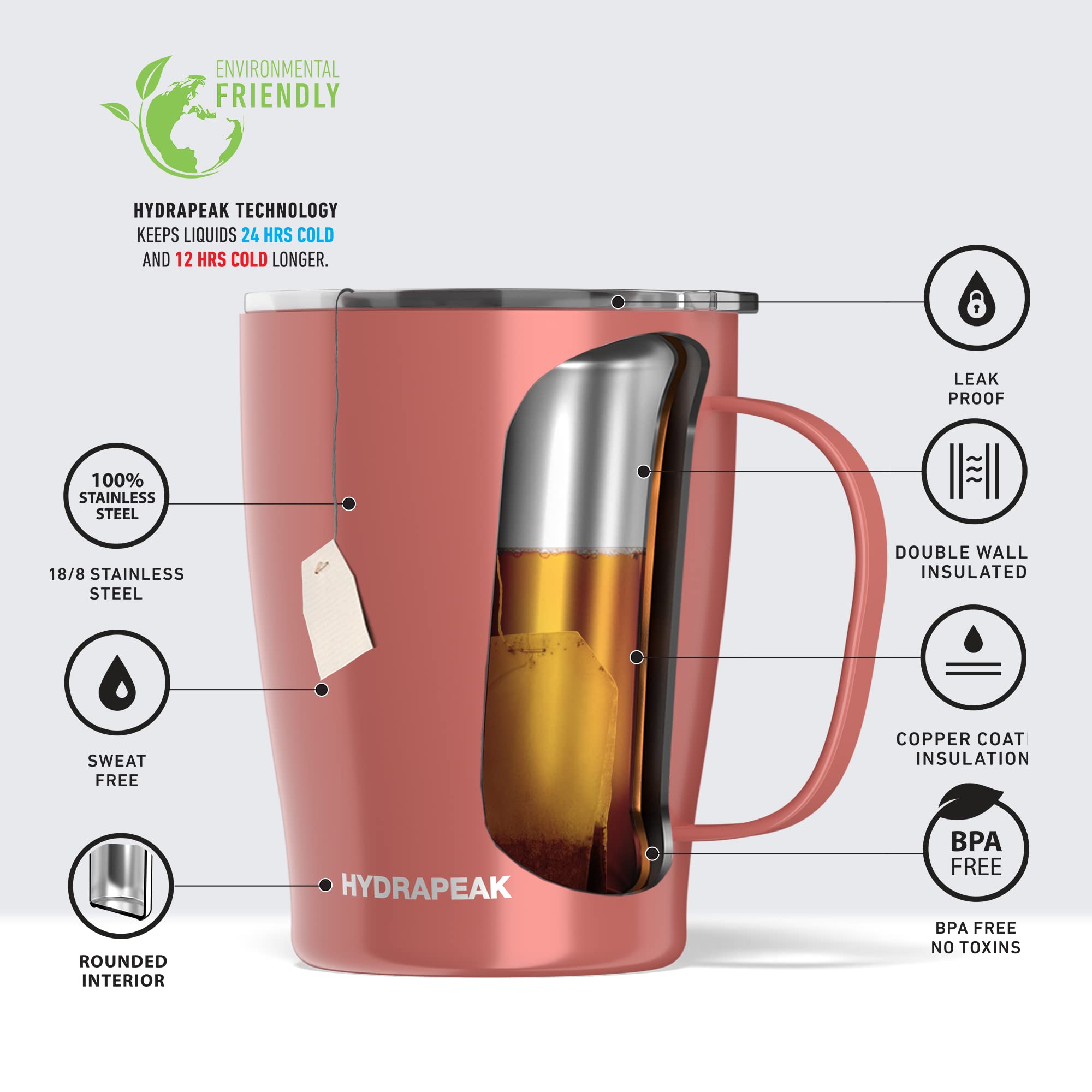 Hydrapeak SAVOR 18oz Double Vacuum Insulated Coffee Mug – Rose, Stainless Steel Travel Tumbler