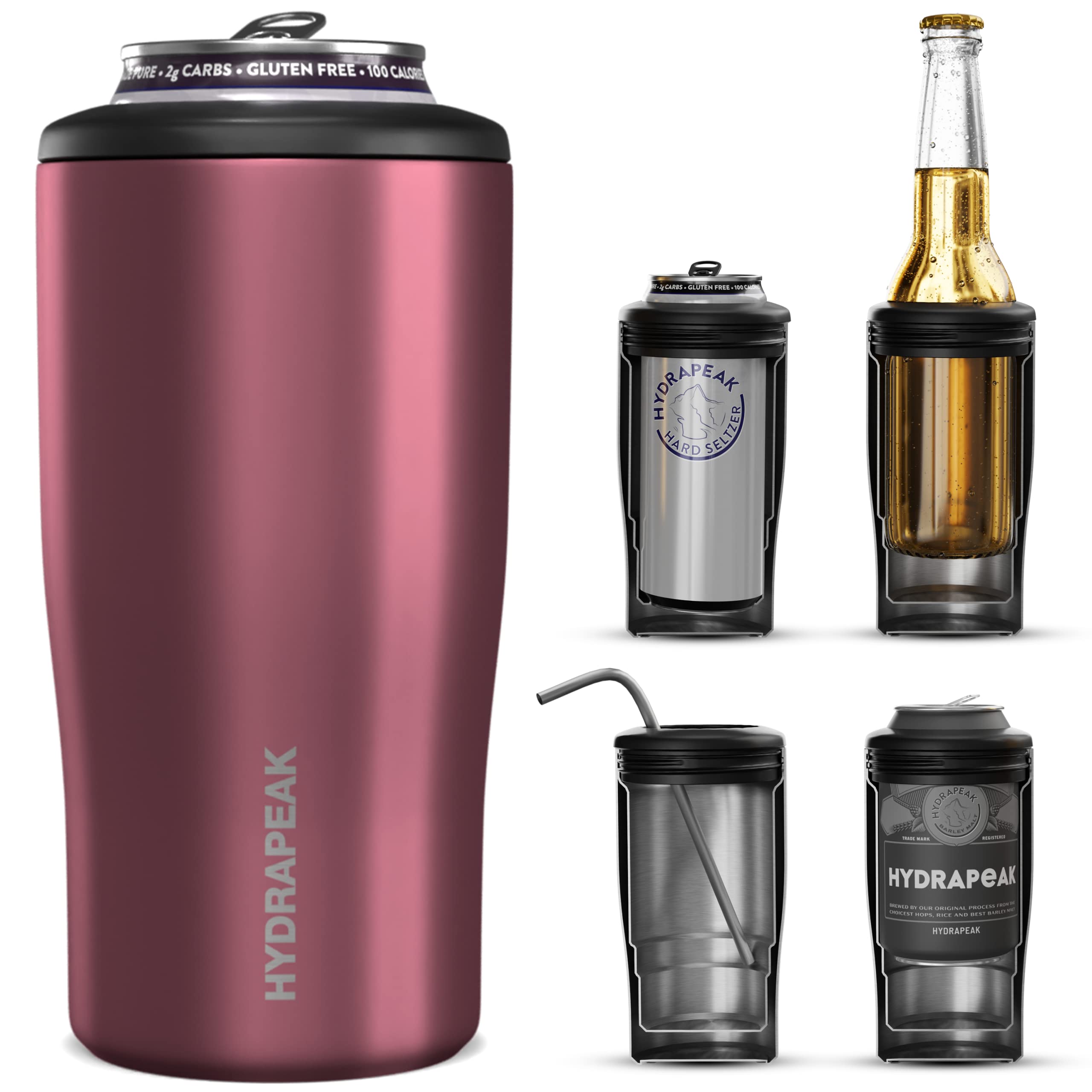 Hydrapeak 4-in-1 Insulated Can Cooler - Rose Gold, Fits 12 oz Slim & Standard Cans and Bottles