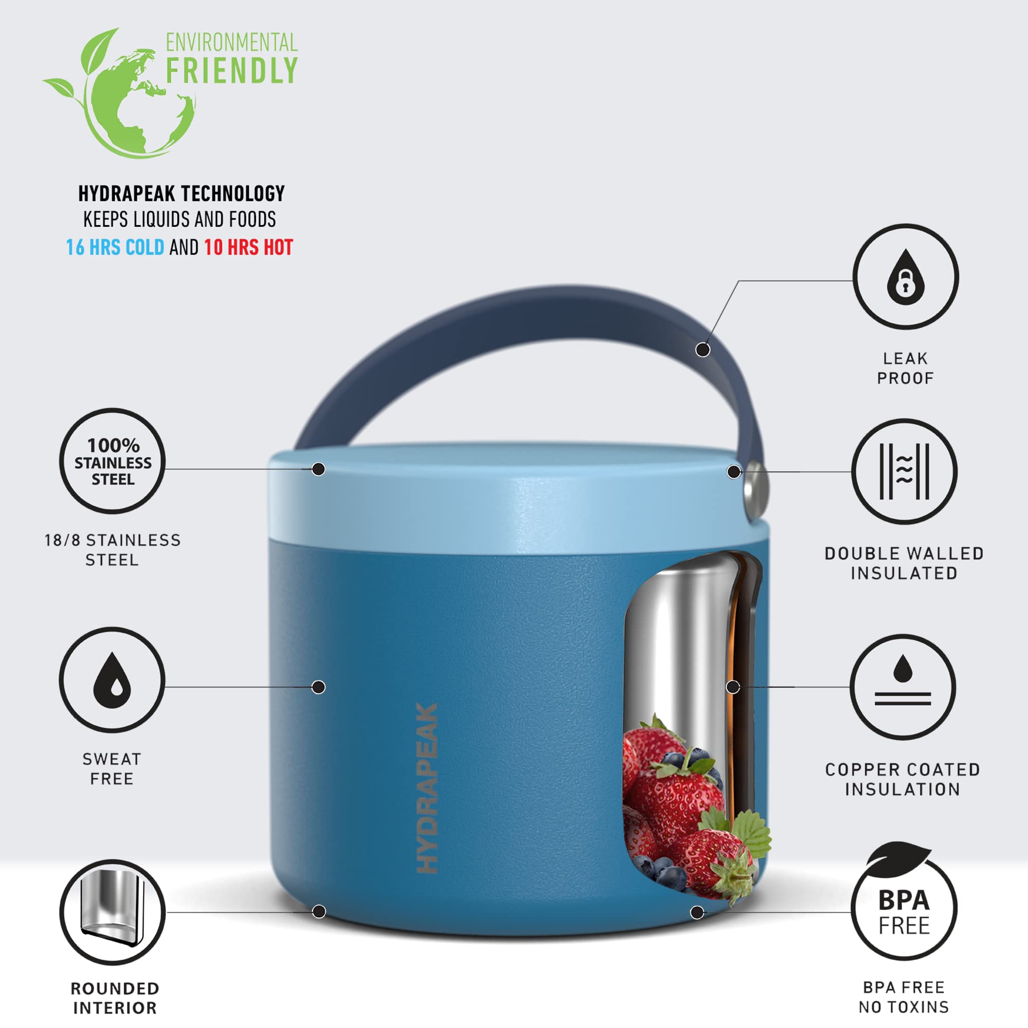 Hydrapeak 18oz Stainless Steel Vacuum Insulated Food Jar - Hot Food 10 Hours, Cold Food 16 Hours, Wide Mouth