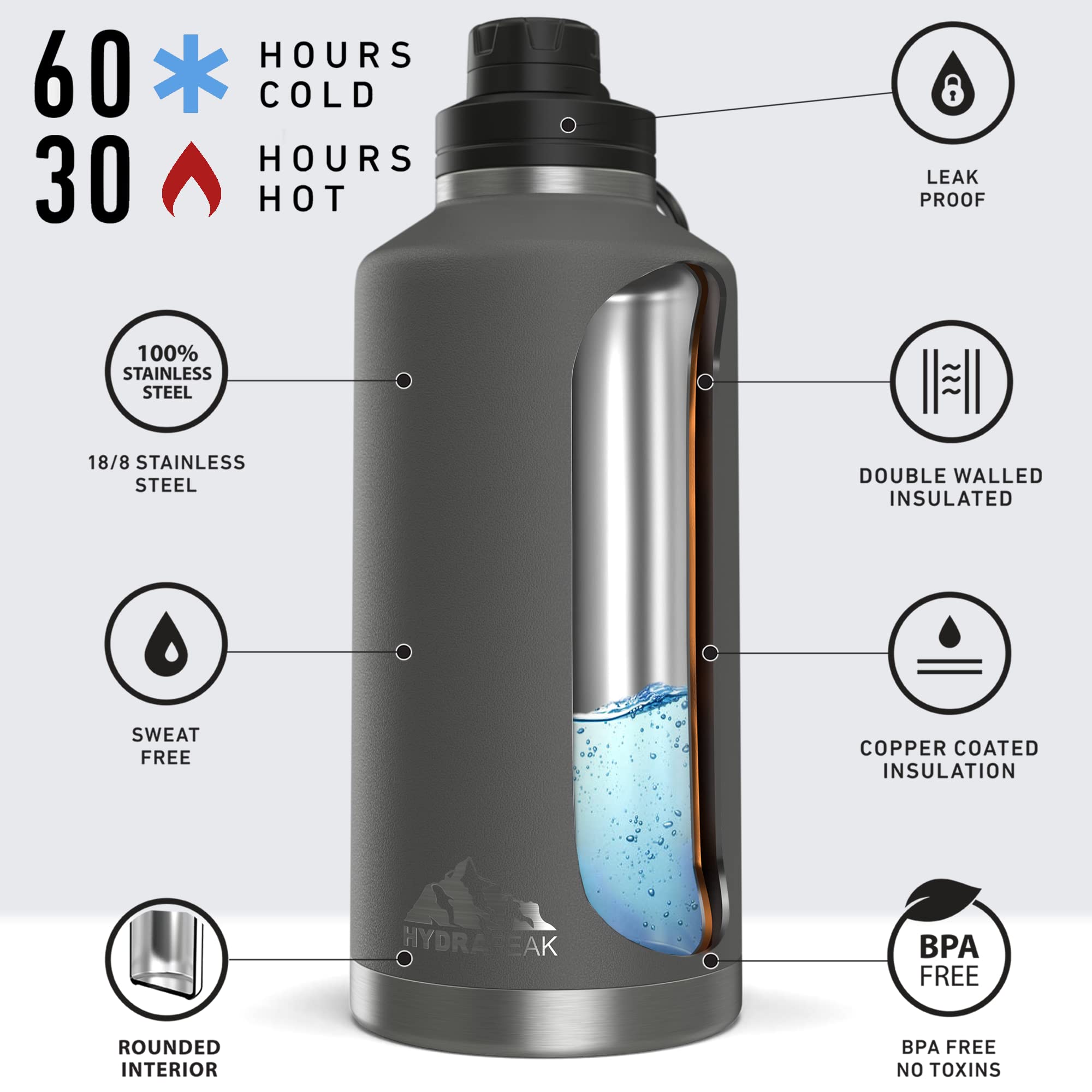 Hydrapeak 72 oz Insulated Water Jug - Graphite, Leak-Proof, Half Gallon