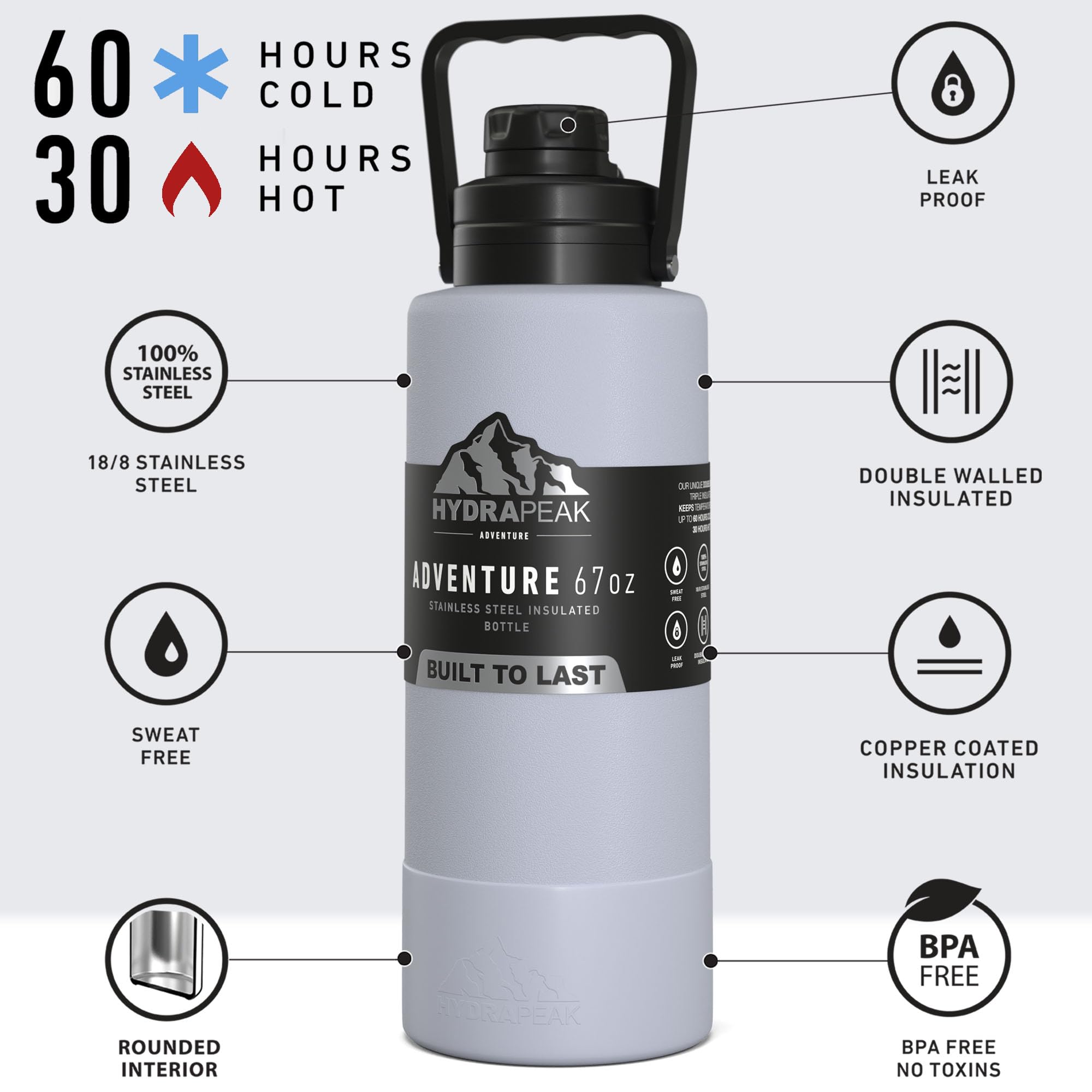 Hydrapeak Adventure 67oz Insulated Water Bottle - Iceberg White Half Gallon Canteen
