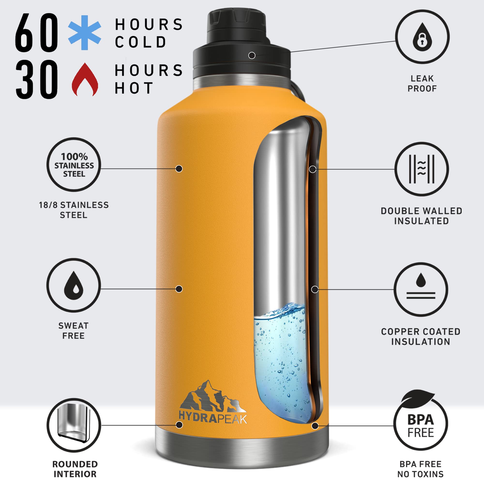 Hydrapeak 72 oz Insulated Water Jug - Mango, Leak-Proof Half Gallon Bottle