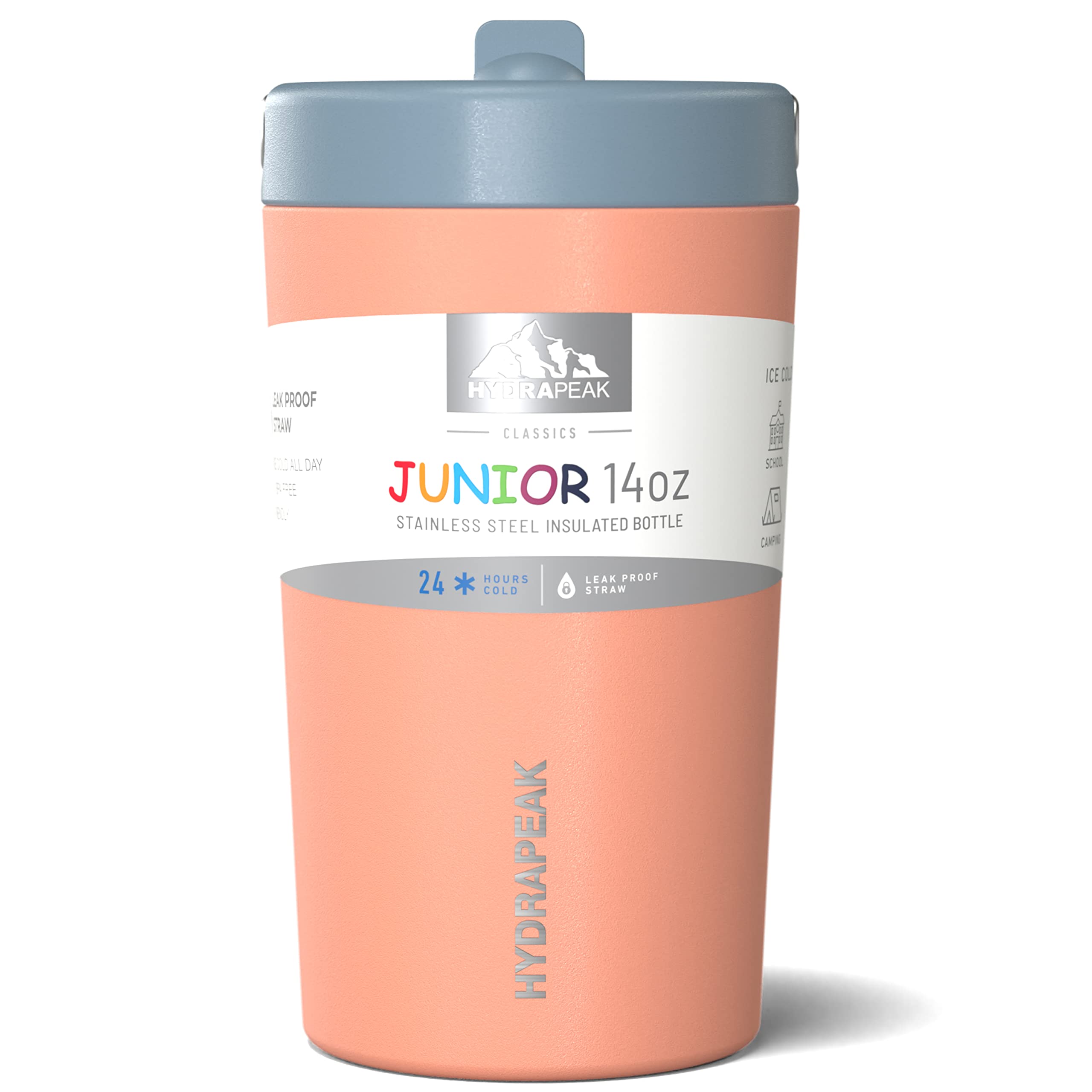 Hydrapeak Junior 14oz Insulated Kids Water Bottle - Peach/Storm, Leak-Proof Straw Lid