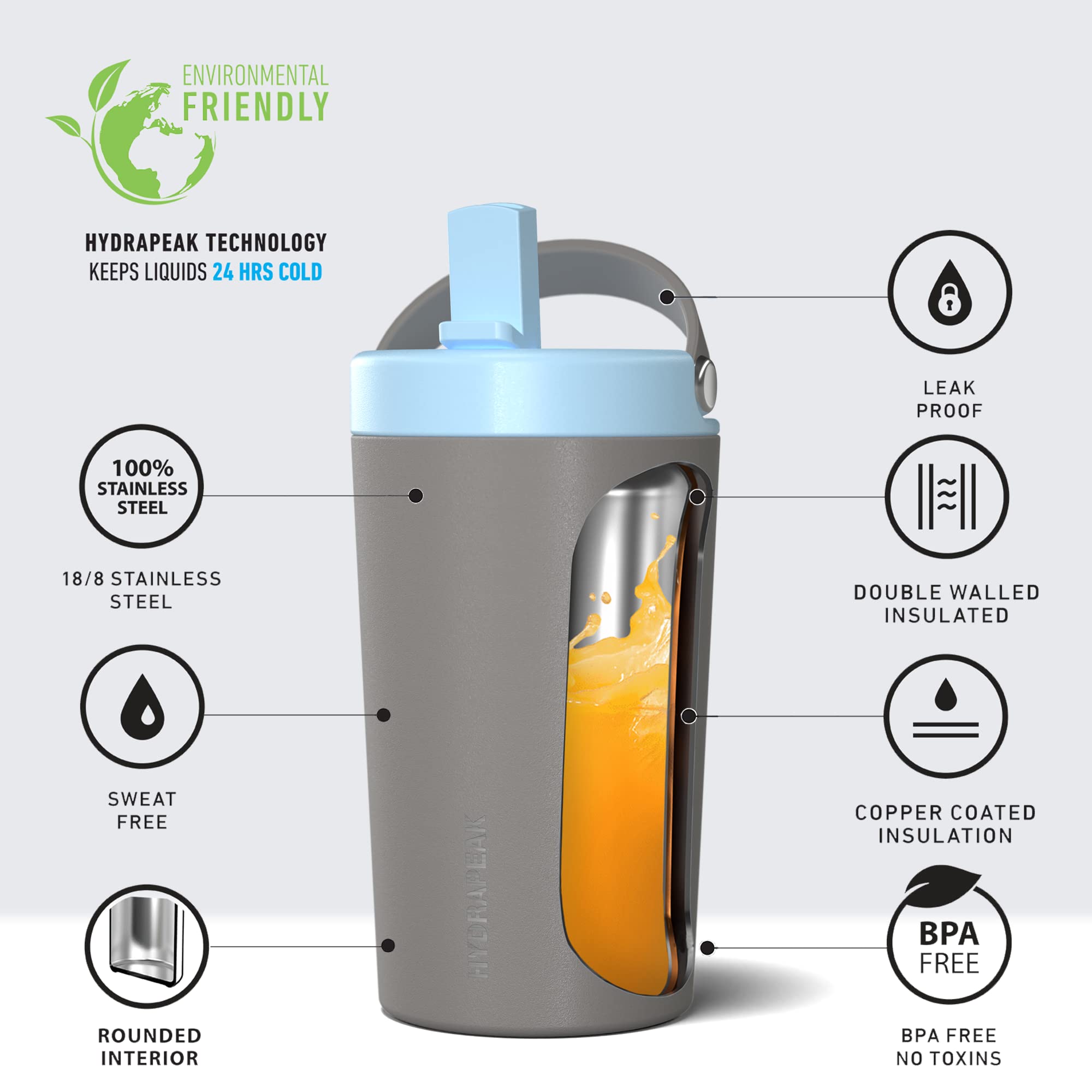 Hydrapeak Junior 14oz Kids Insulated Water Bottle - Straw Lid, Grey/Cloud
