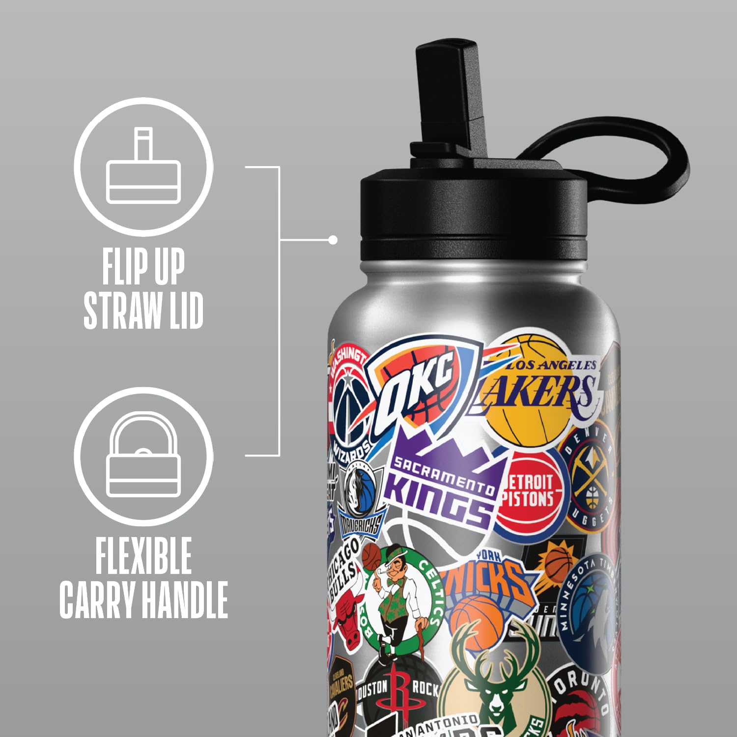 Hydrapeak NBA Officially Licensed All-Team Sticker Print 32oz Insulated Water Bottle with Straw Lid