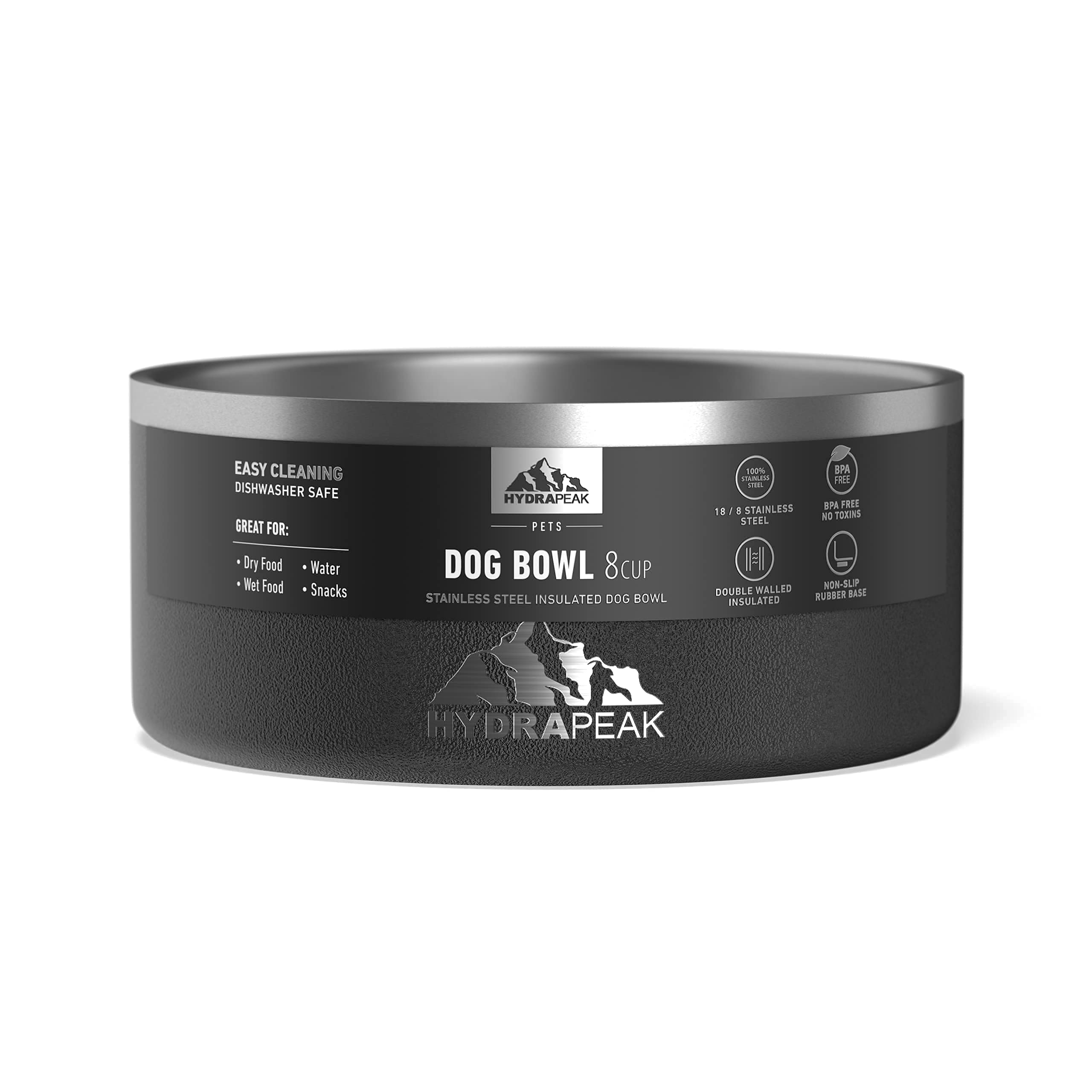 Hydrapeak Dog Bowl – Non-Slip Stainless Steel Water and Food Dish | 8 Cup Black