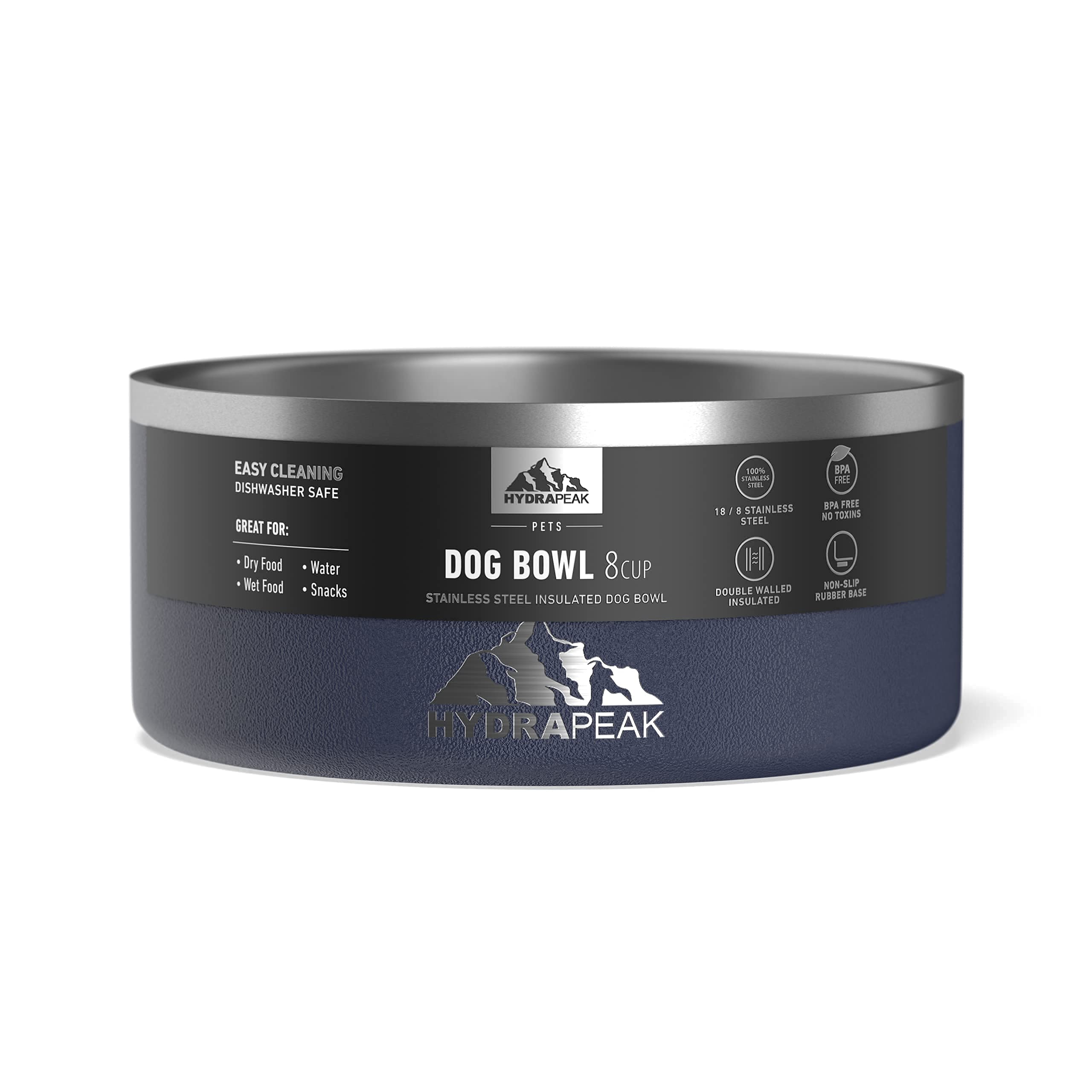 Hydrapeak Dog Bowl 8 Cup - Non-Slip Stainless Steel, Insulated Water and Food Dish for Large Dogs, Navy