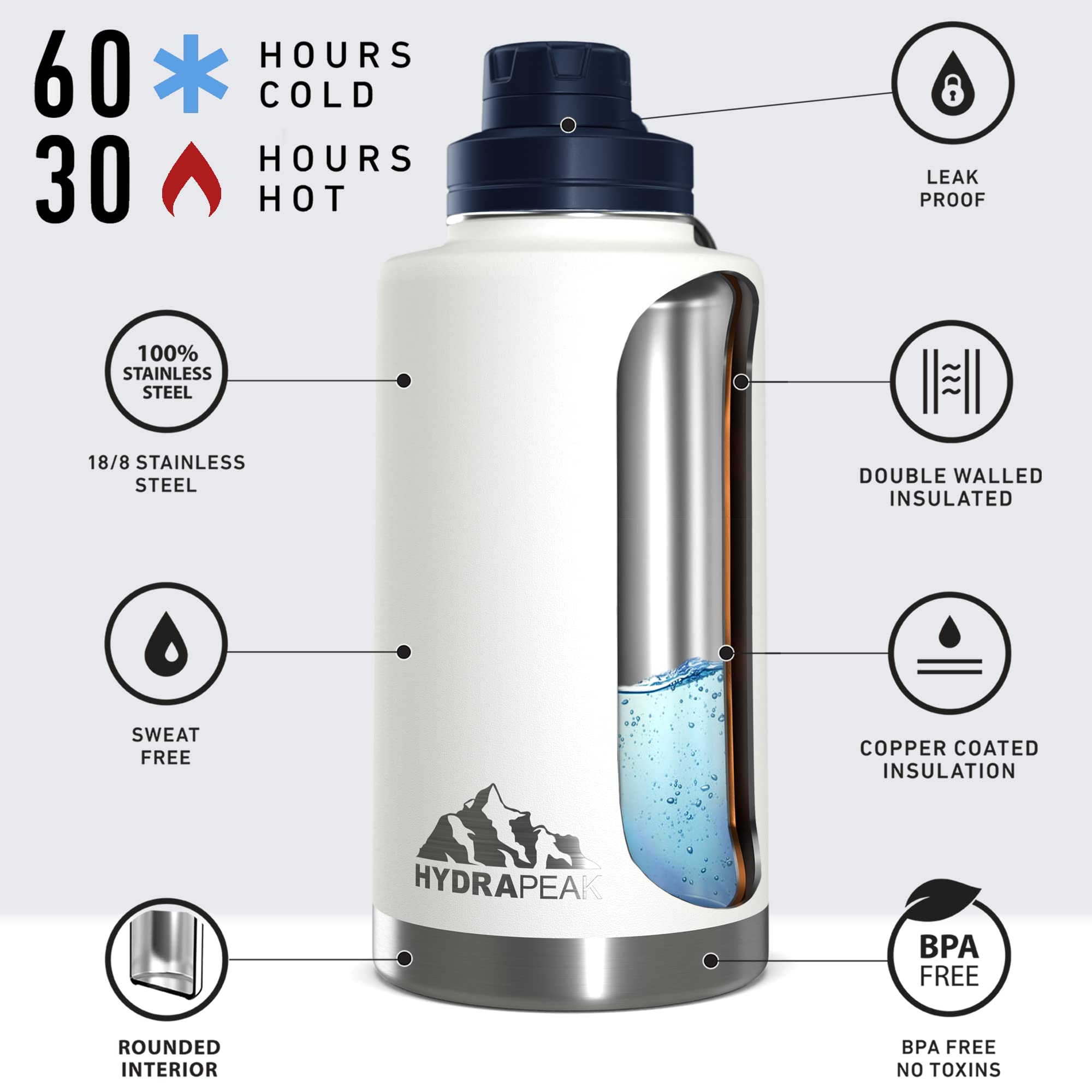 Hydrapeak 50oz Insulated Large Water Bottle - Leak Proof Stainless Steel Flask (White)