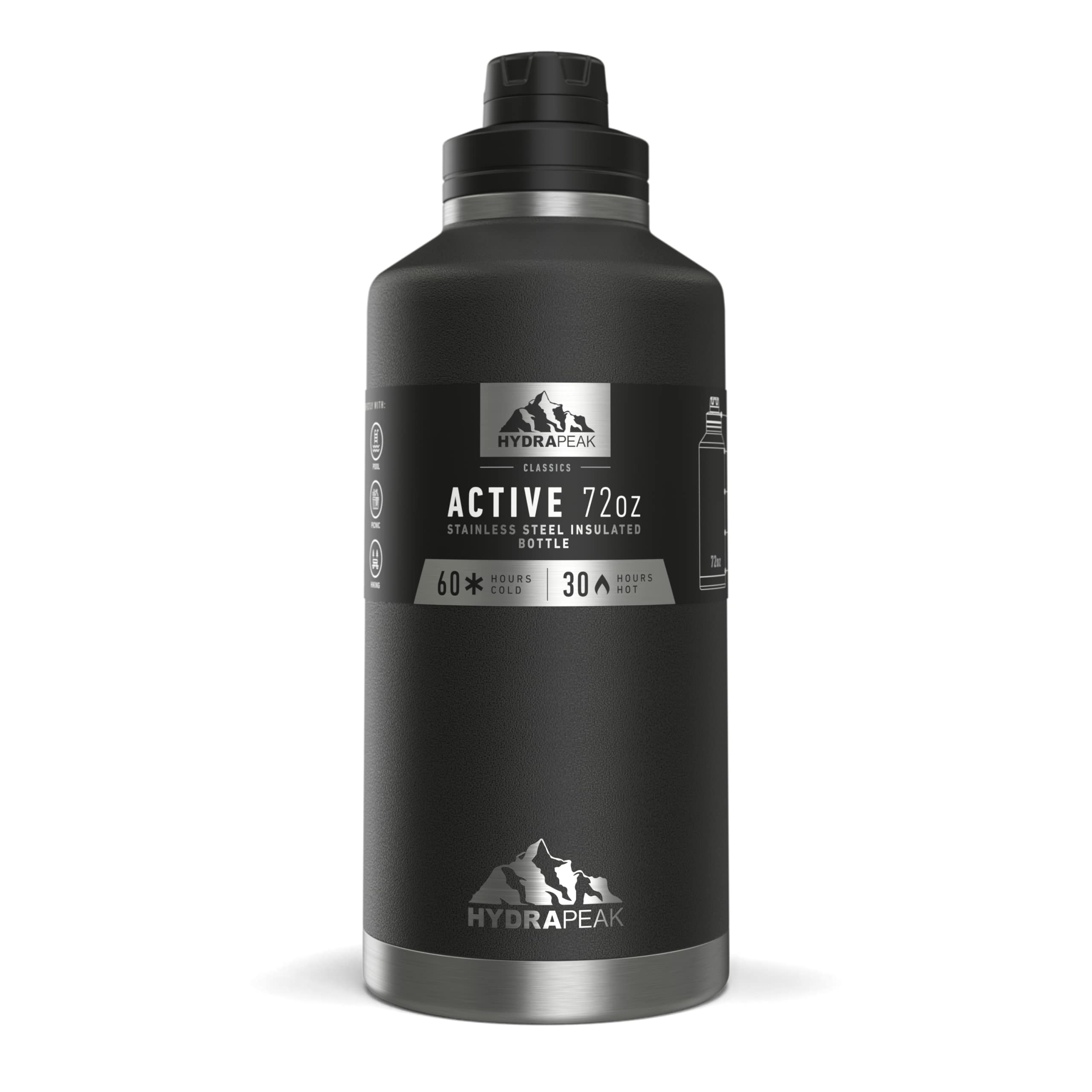 Hydrapeak 72 oz Insulated Water Bottle - Black, Half Gallon Jug