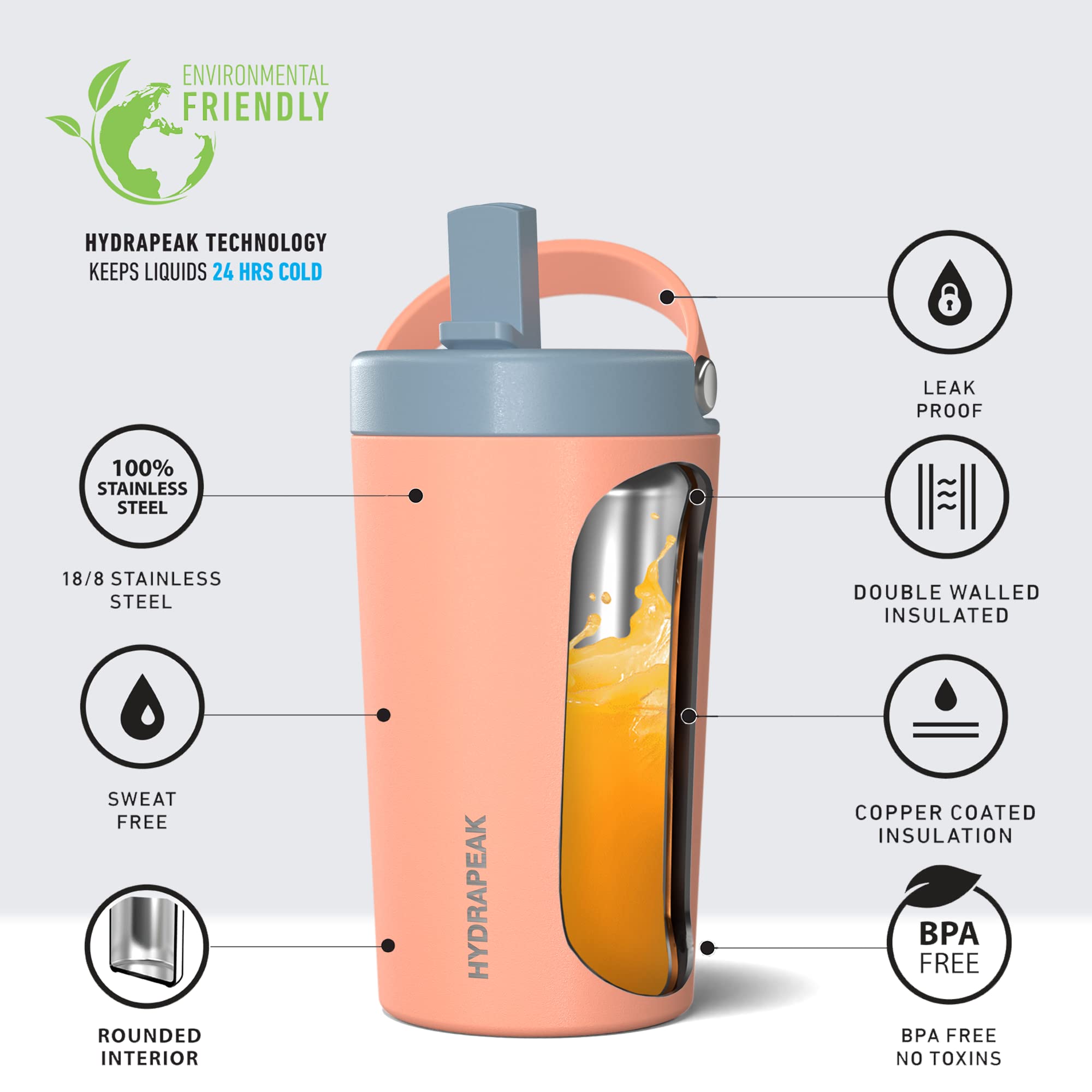 Hydrapeak Junior 14oz Insulated Kids Water Bottle - Peach/Storm, Leak-Proof Straw Lid