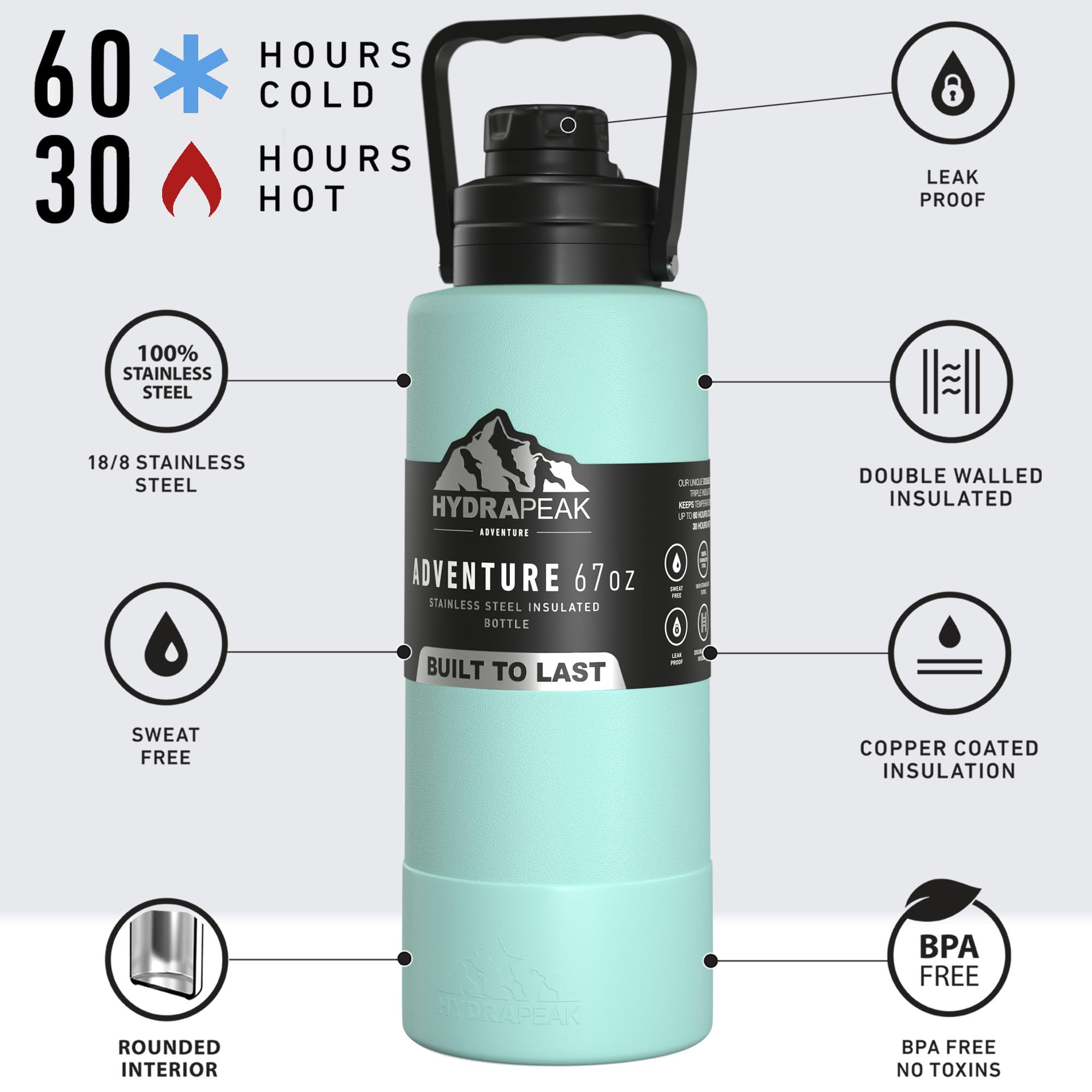 Hydrapeak Adventure 67oz Insulated Water Bottle - Half Gallon Aqua Stainless Steel Flask with Handle