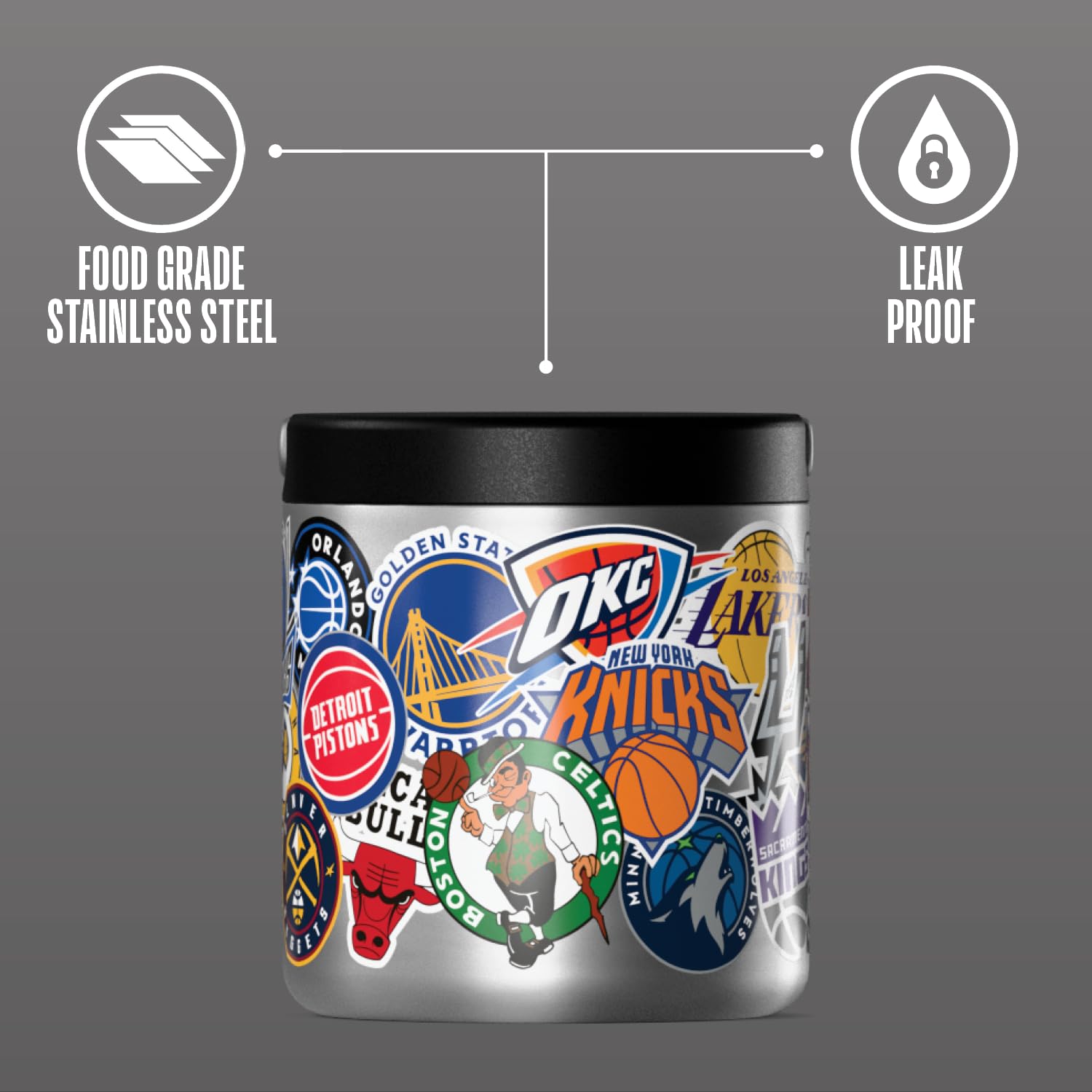 Hydrapeak NBA Officially Licensed 25oz Insulated Food Jar with All-Team Logo Print - Stainless Steel