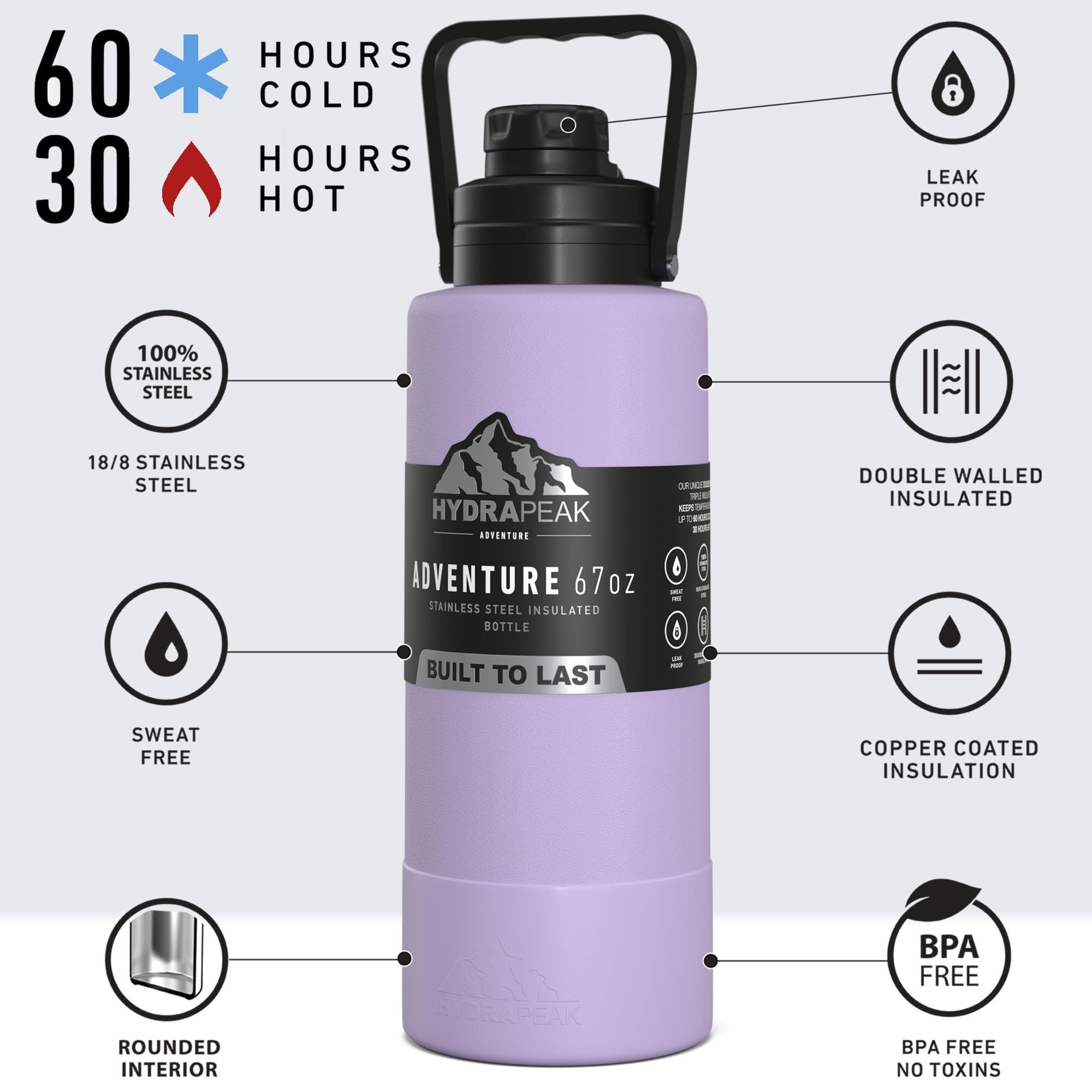 Hydrapeak Adventure 67oz Insulated Water Bottle - Half Gallon Lavender Flask with Carry Handle
