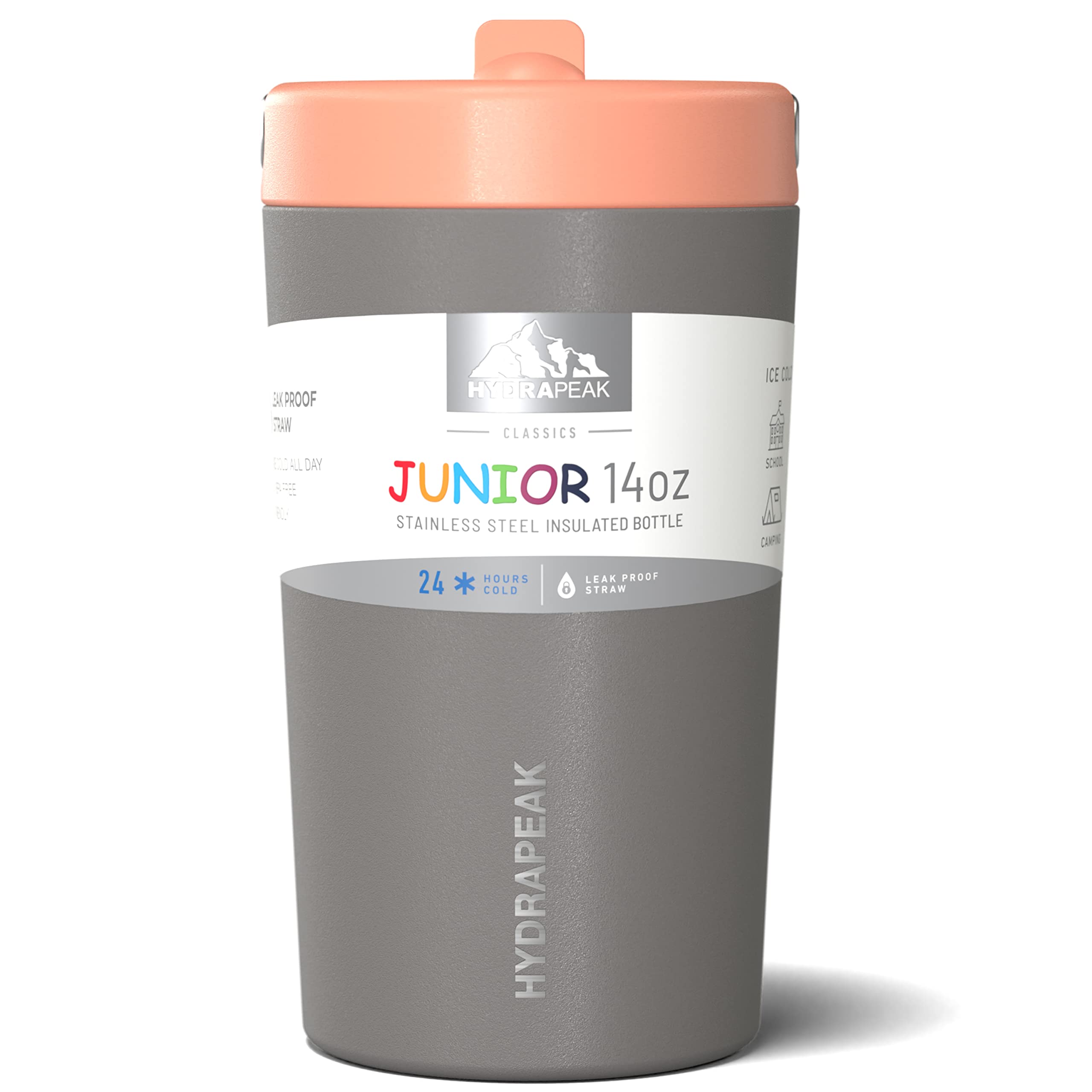 Hydrapeak Junior 14oz Insulated Kids Water Bottle - Grey/Peach, Leak-Proof Straw Lid