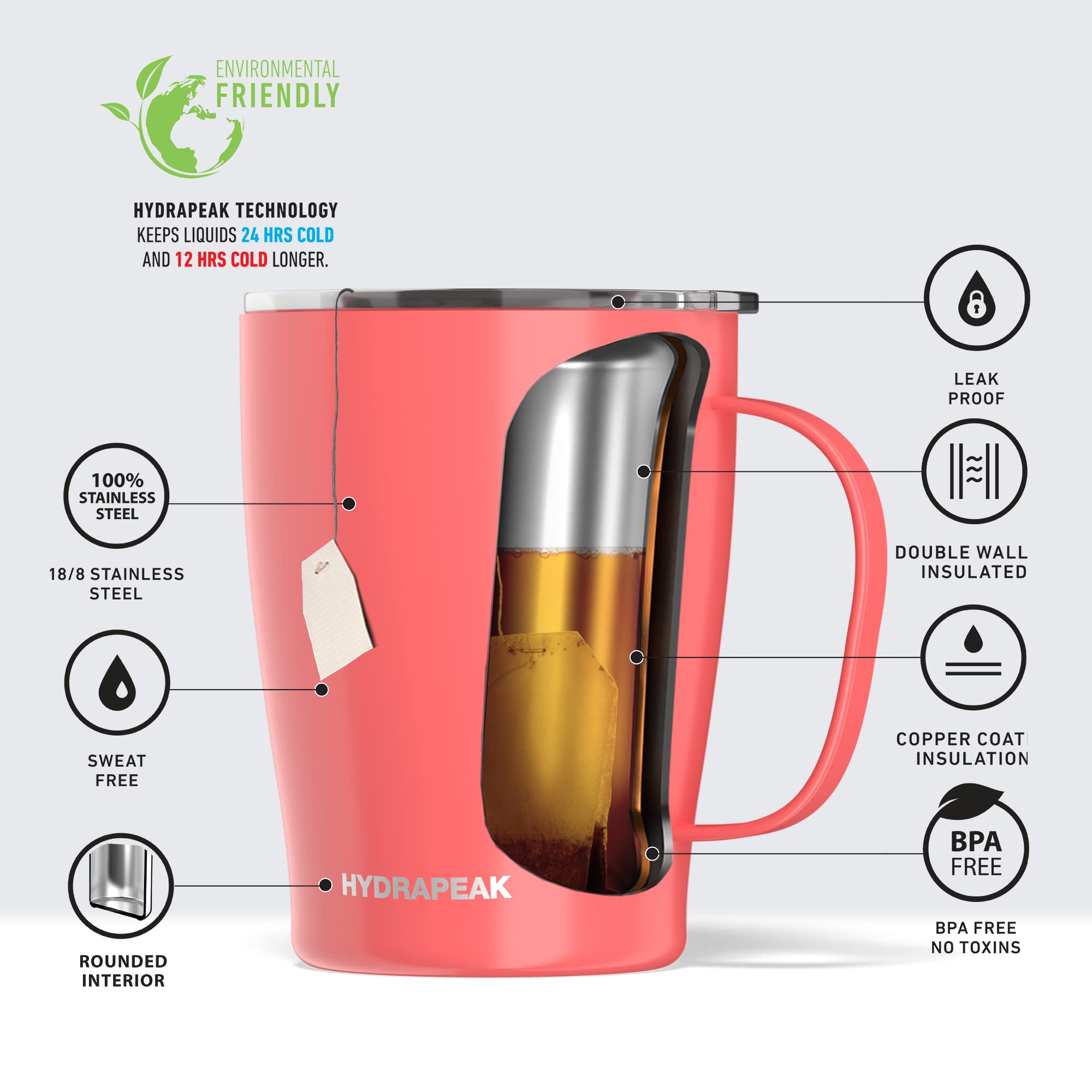 Hydrapeak SAVOR 18oz Double Vacuum Insulated Coffee Mug – Living Coral, Stainless Steel Travel Tumbler