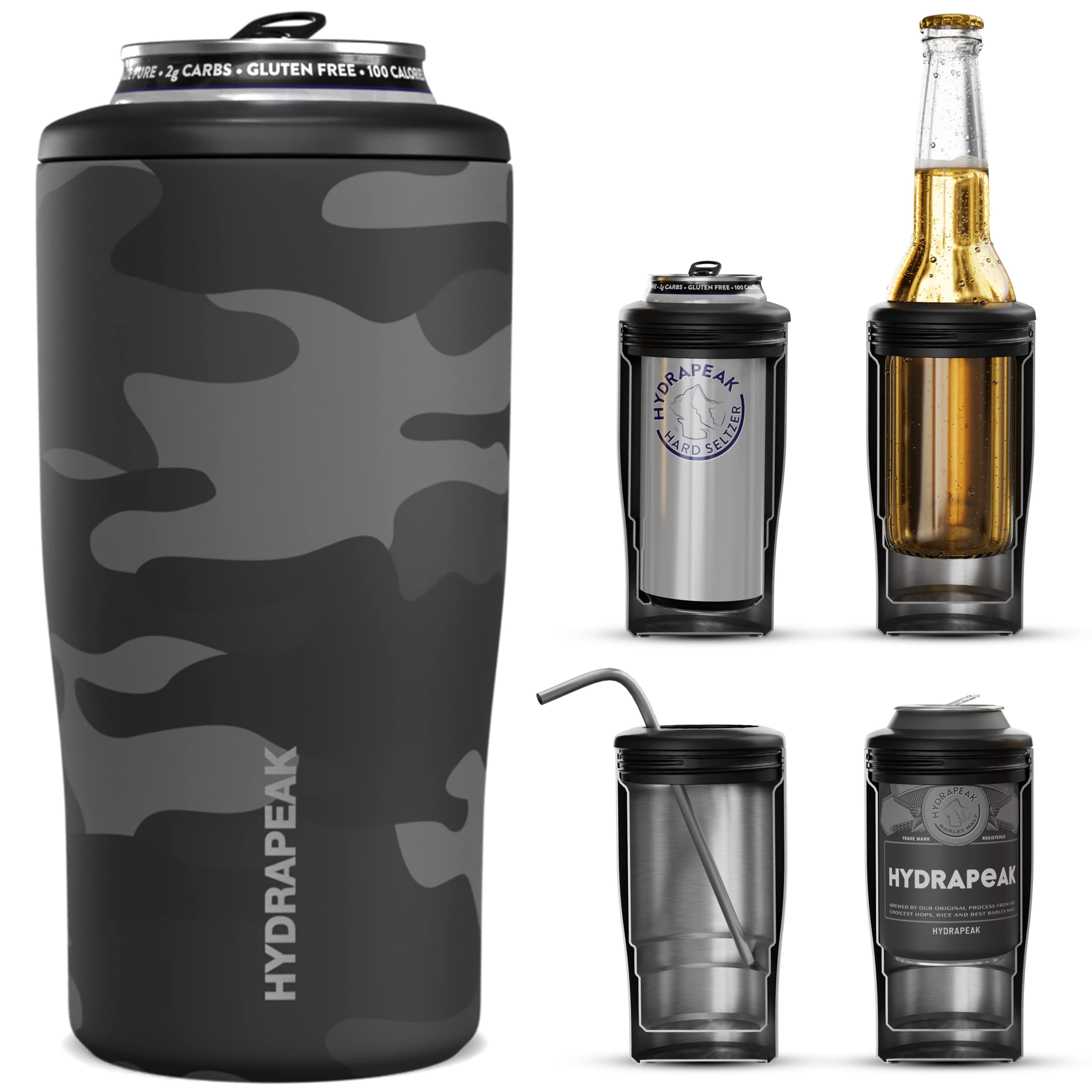 Hydrapeak 4-in-1 Insulated Bottle and Can Cooler Black Camo - Stainless Steel Universal Cooler