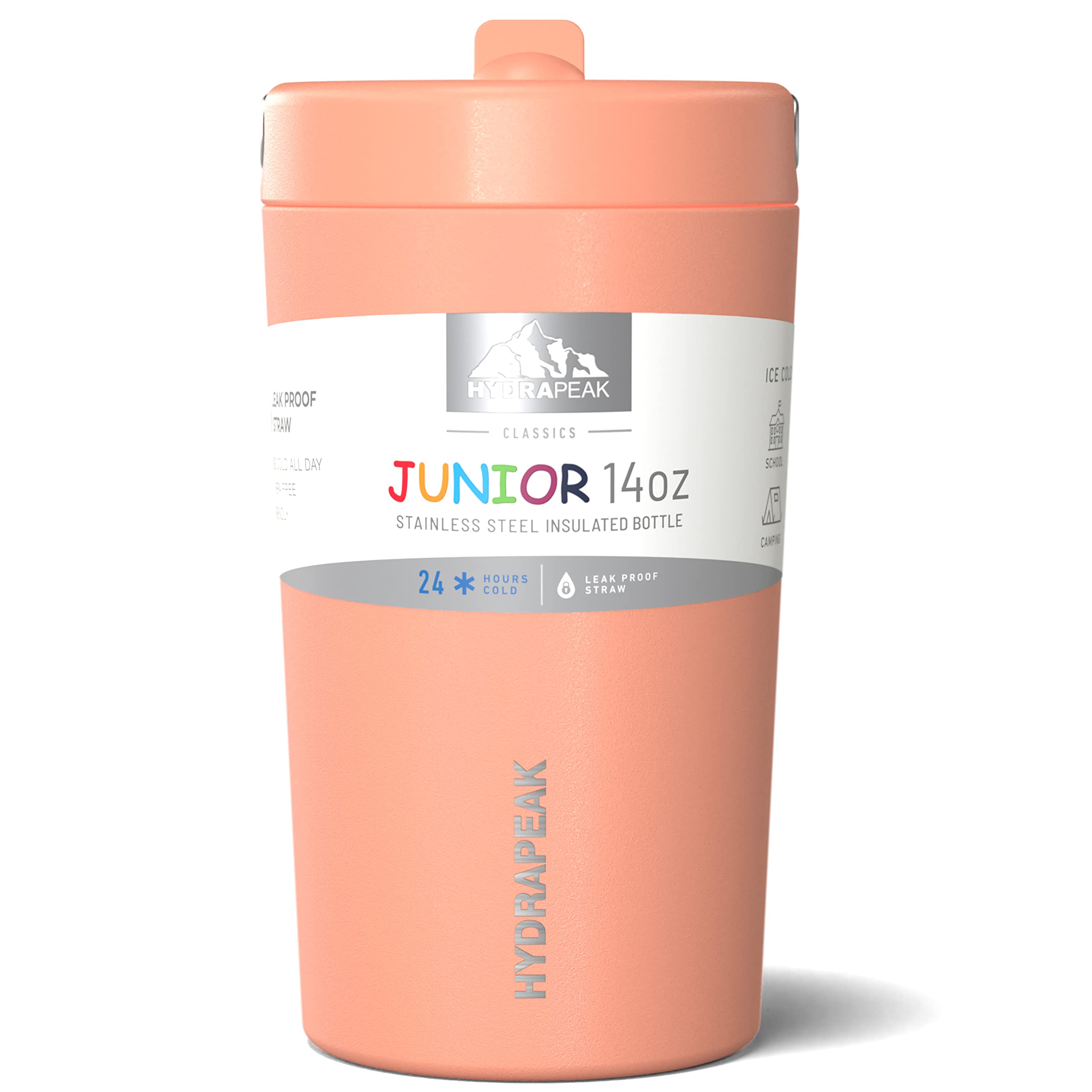 Hydrapeak Junior 14oz Insulated Kids Water Bottle with Straw Lid - Stainless Steel, Leak-Proof, Double Walled,