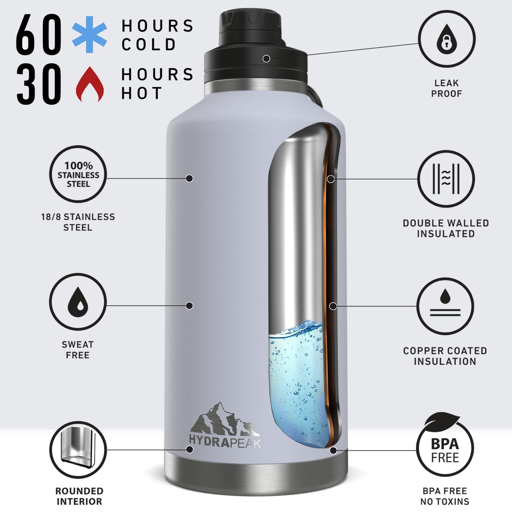 Hydrapeak 72 oz Insulated Water Bottle - Ice Blue, Leak-Proof Jug, Half Gallon