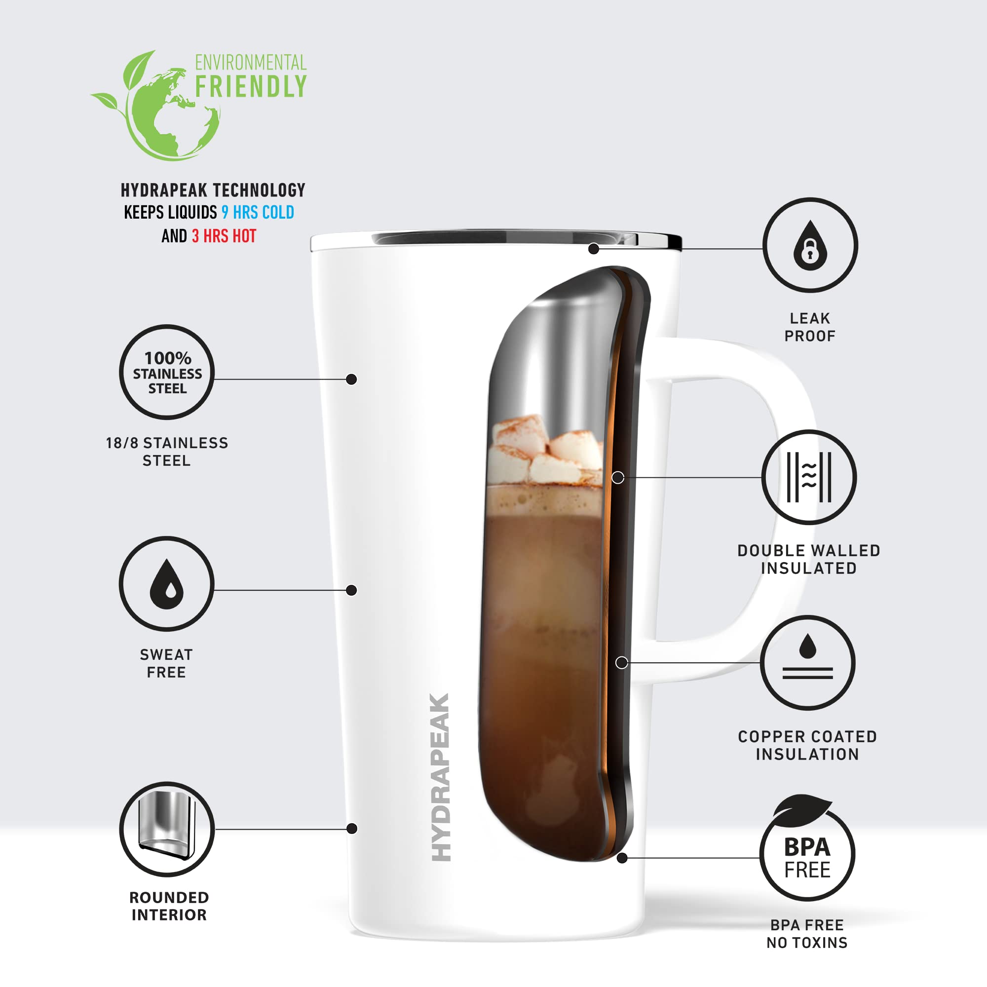 Hydrapeak 18oz Java Insulated Travel Coffee Mug - Stainless Steel with Handle, Leak-Proof Lid, White