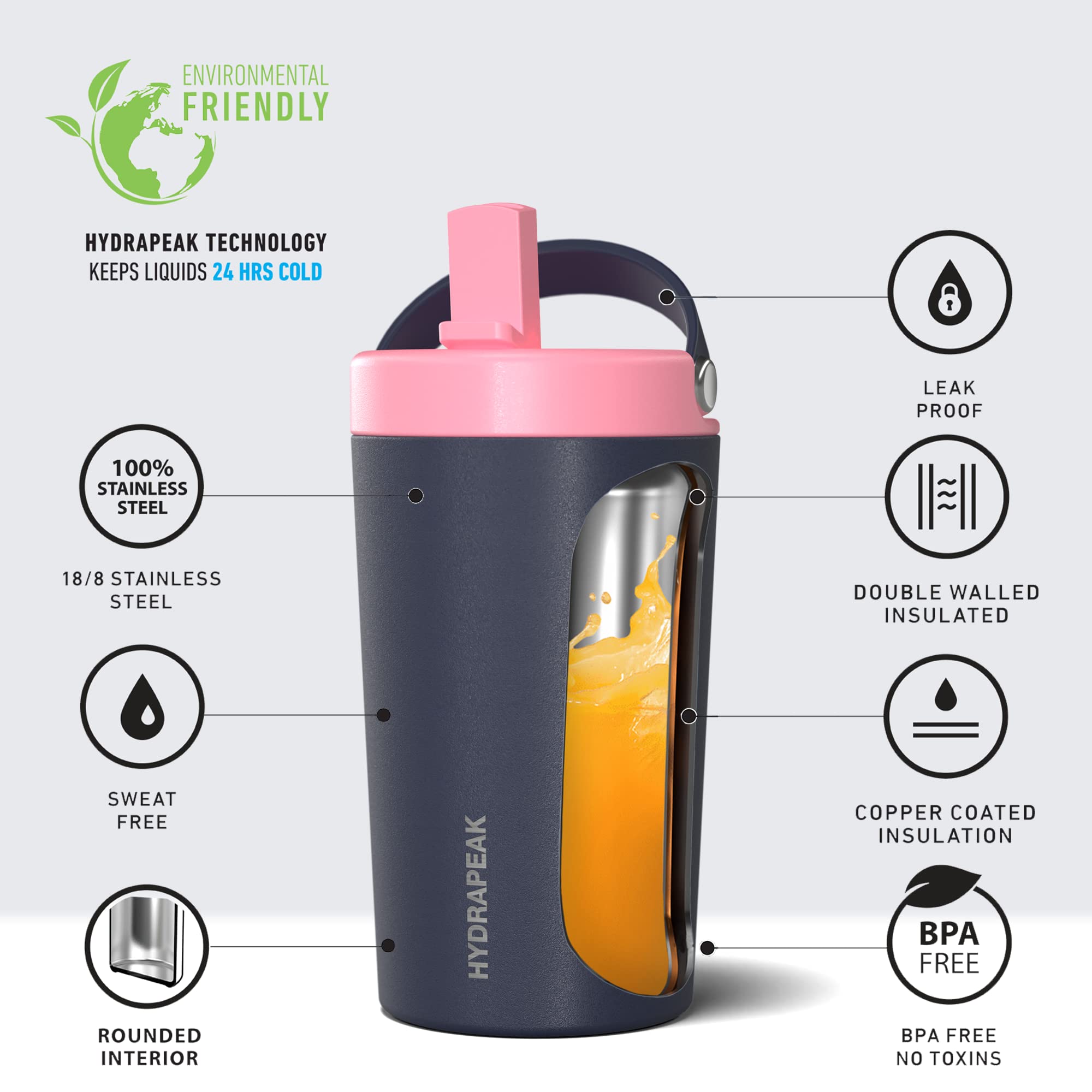Hydrapeak Junior 14oz Insulated Kids Water Bottle with Straw Lid - Stainless Steel, Leak-Proof, Navy/Bubblegum for