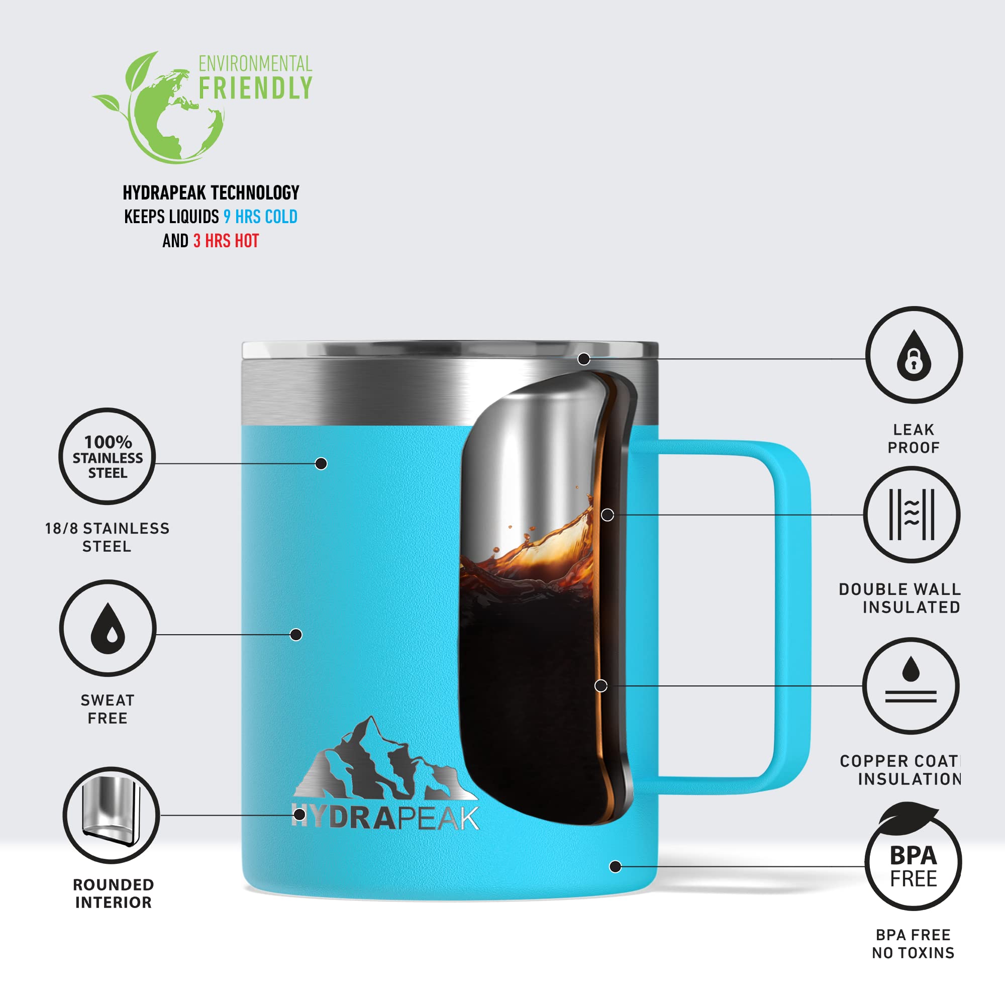 Hydrapeak 14oz Insulated Travel Mug with Splash Proof Lid - Double Wall Stainless Steel Camping Coffee Cup with