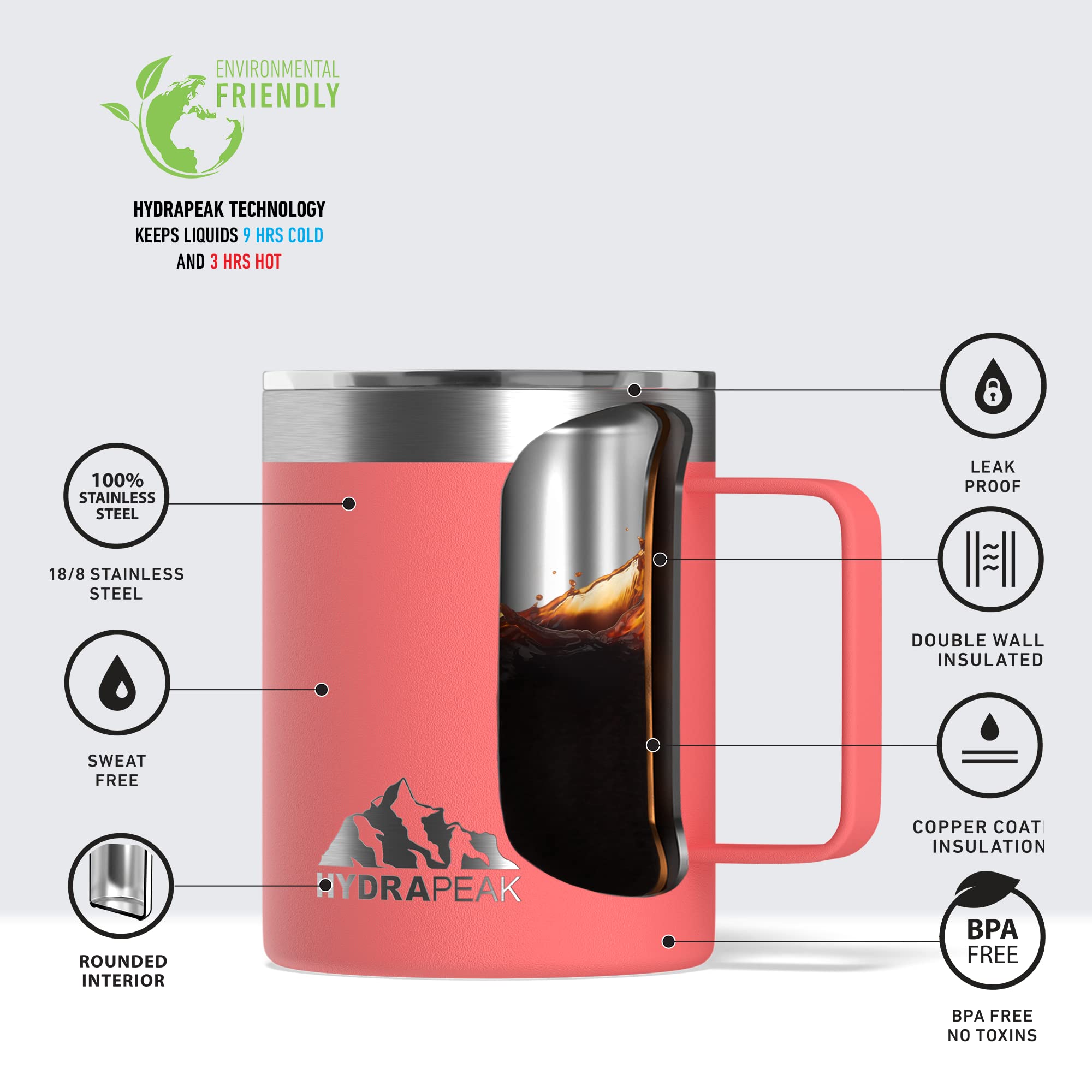 Hydrapeak 14oz Insulated Coffee Mug Living Coral - Stainless Steel Travel Mug with Splash Proof Lid