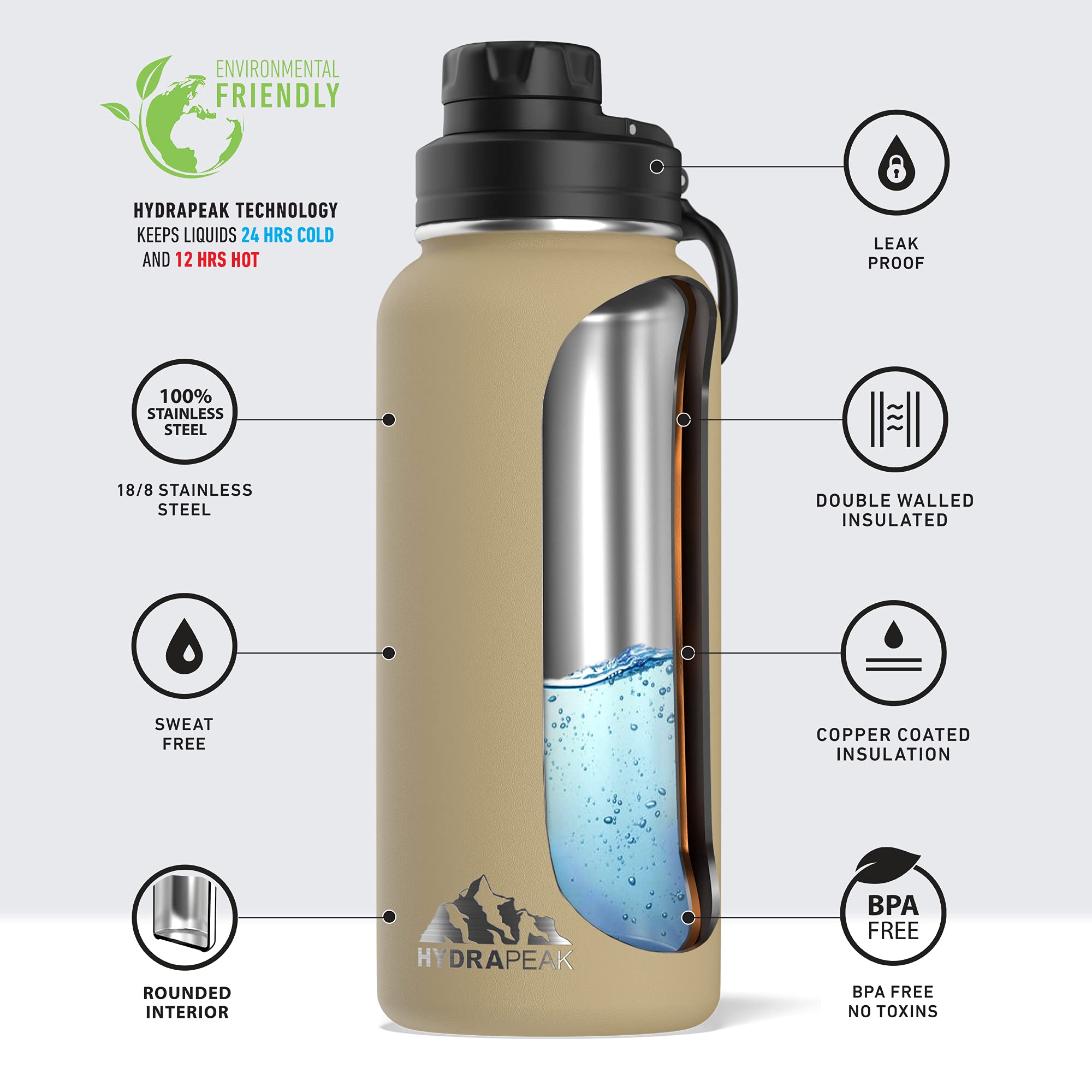 Hydrapeak 32oz Insulated Water Bottle with Chug Lid – Leak-Proof, Sand