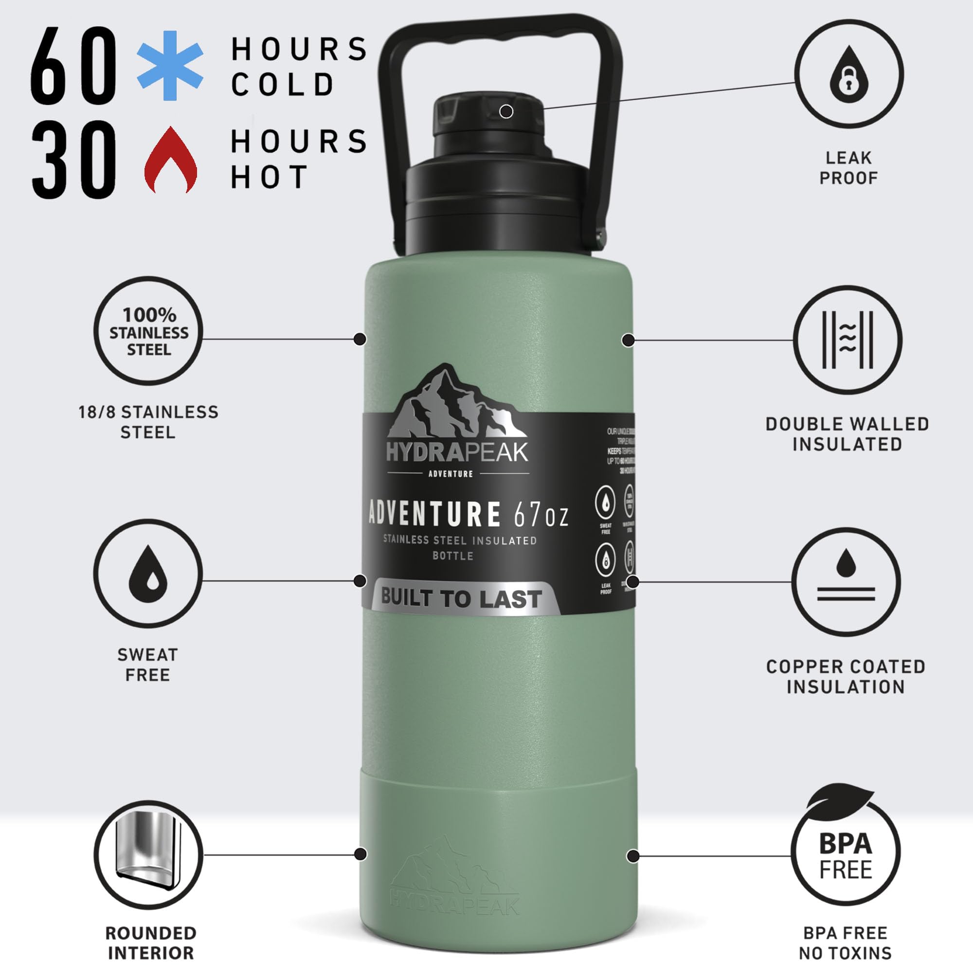 Hydrapeak Adventure 67oz Insulated Water Bottle - Sage Green Half Gallon Canteen
