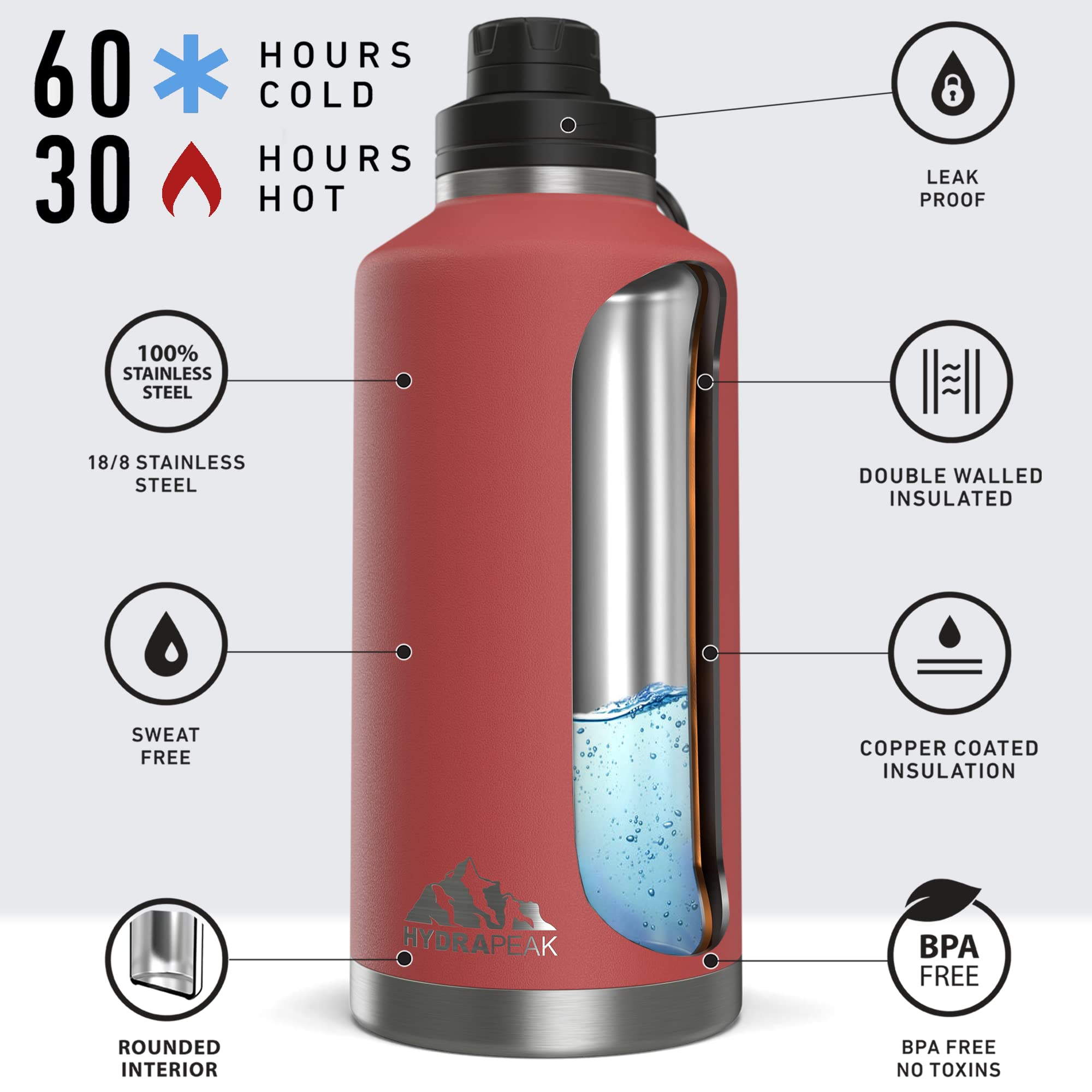 Hydrapeak 72 oz Insulated Water Bottle - Half Gallon Jug, Faded Red