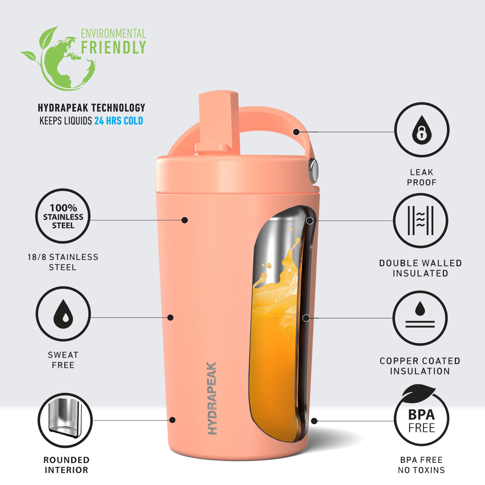 Hydrapeak Junior 14oz Insulated Kids Water Bottle with Straw Lid - Stainless Steel, Leak-Proof, Double Walled,