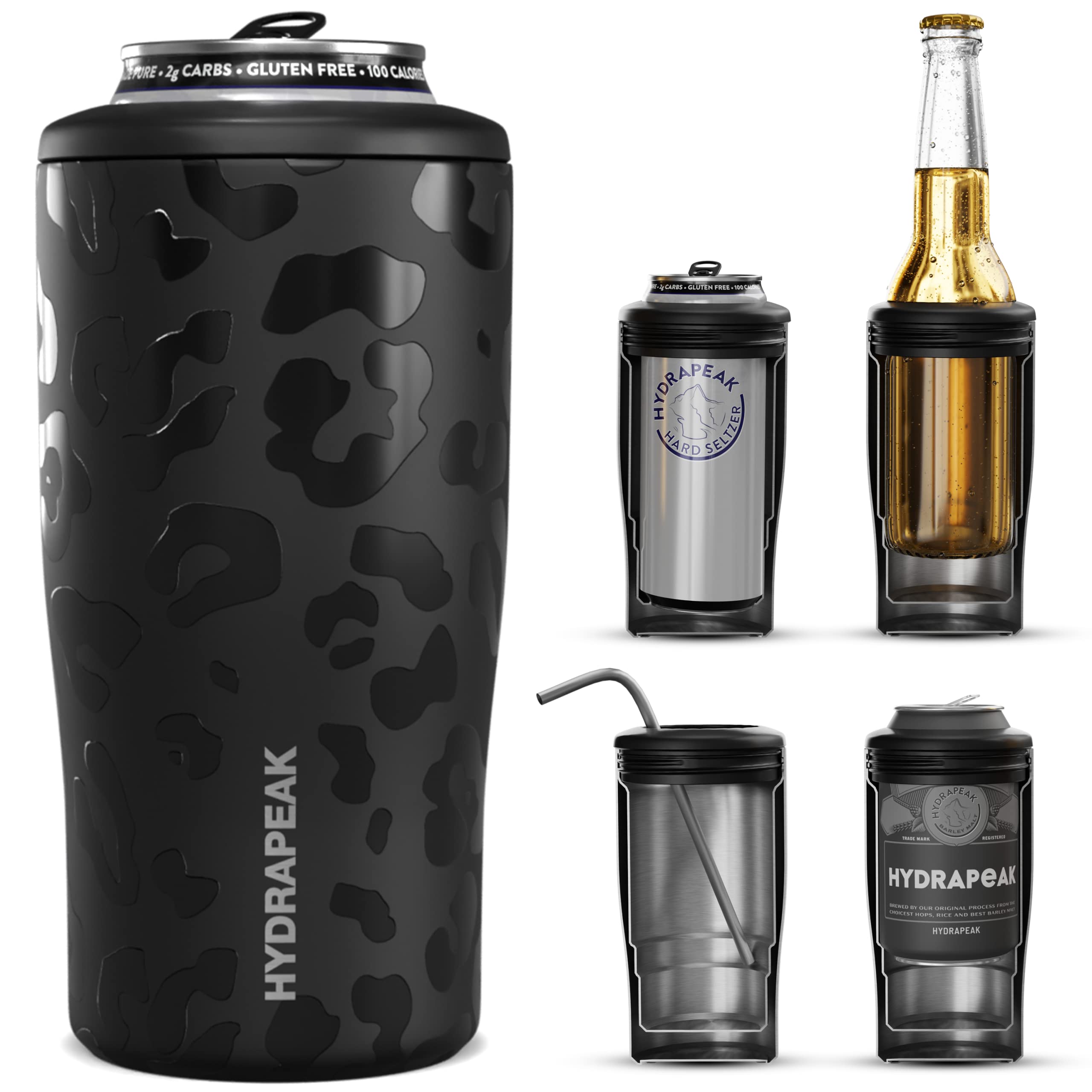 Hydrapeak Black Leopard 4-in-1 Can Cooler – Patterned Universal Drink Cooler