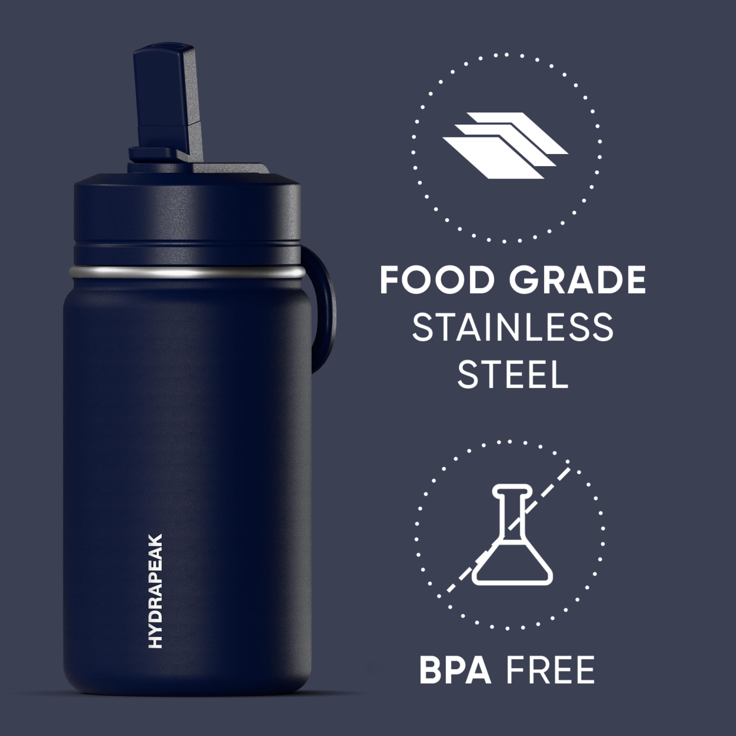 Hydrapeak Mini 14oz Stainless Steel Water Bottle with Straw Lid - Navy (Lifetime Warranty)