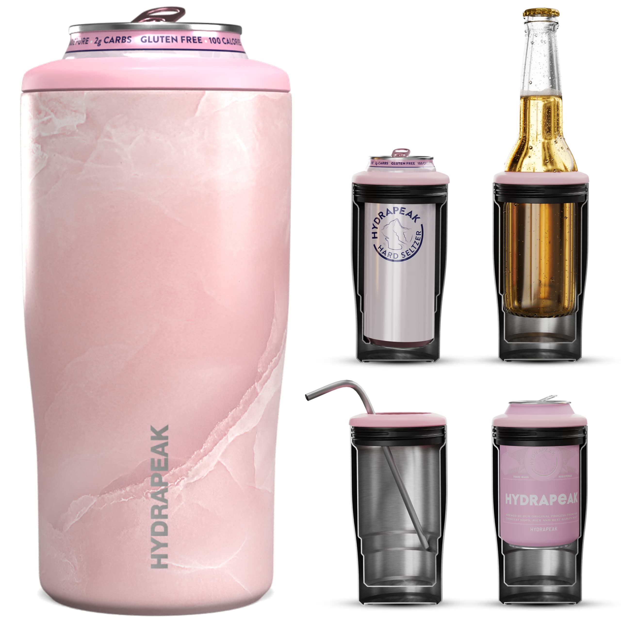 Hydrapeak 4-in-1 Insulated Can Cooler - Pink Marble, Fits 12 oz Slim & Standard Cans and Bottles