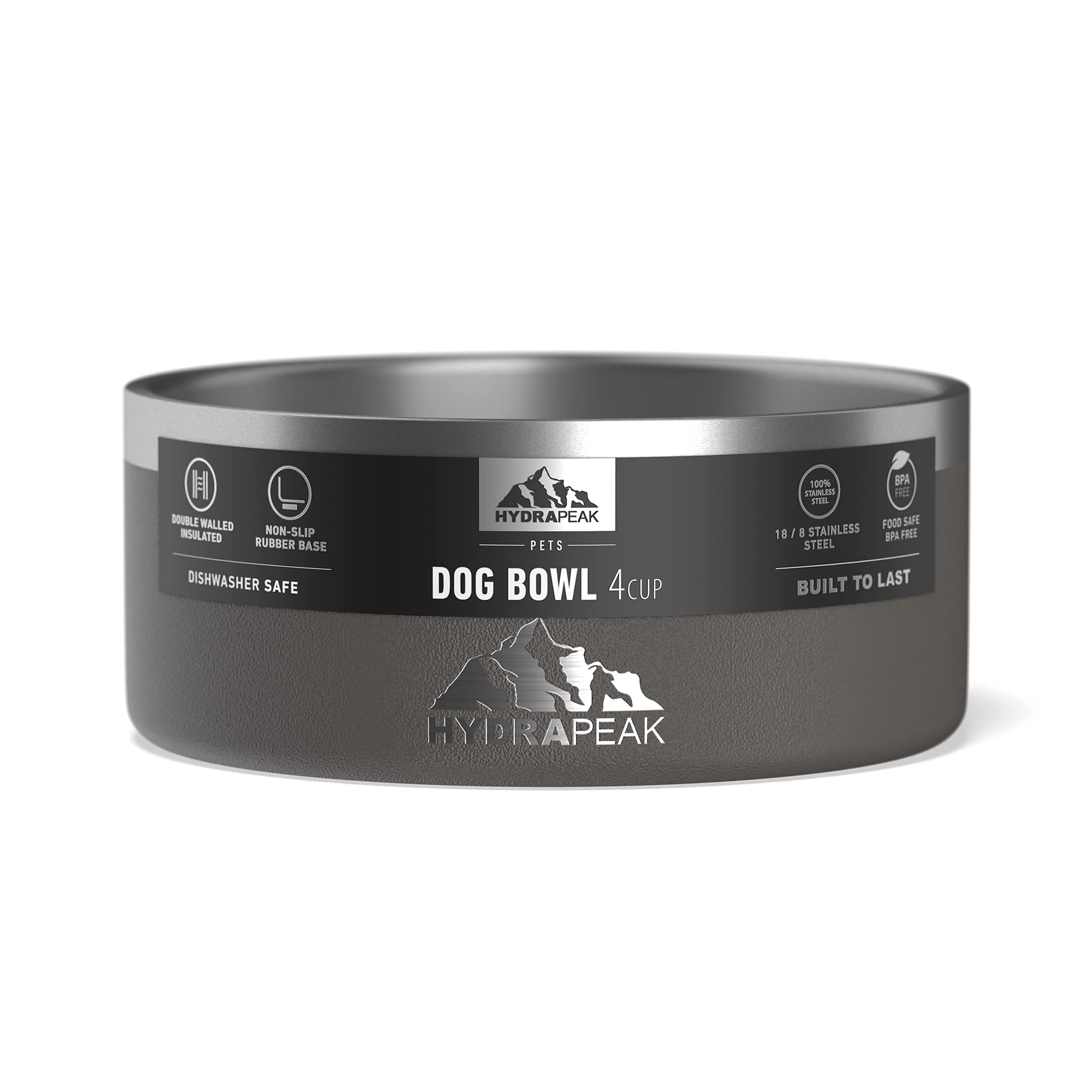 Hydrapeak Dog Bowl 4 Cup - Non-Slip Stainless Steel, Insulated Water and Food Dish for Small Dogs, Graphite