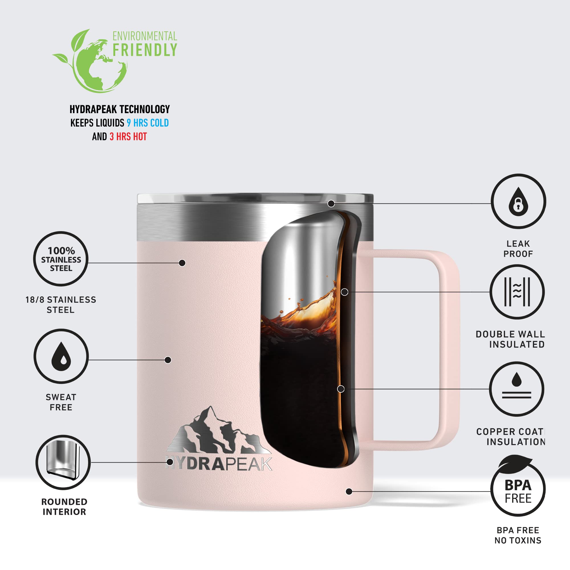 Hydrapeak 14oz Insulated Stainless Steel Travel Mug with Handle & Splash-Proof Lid - Seashell