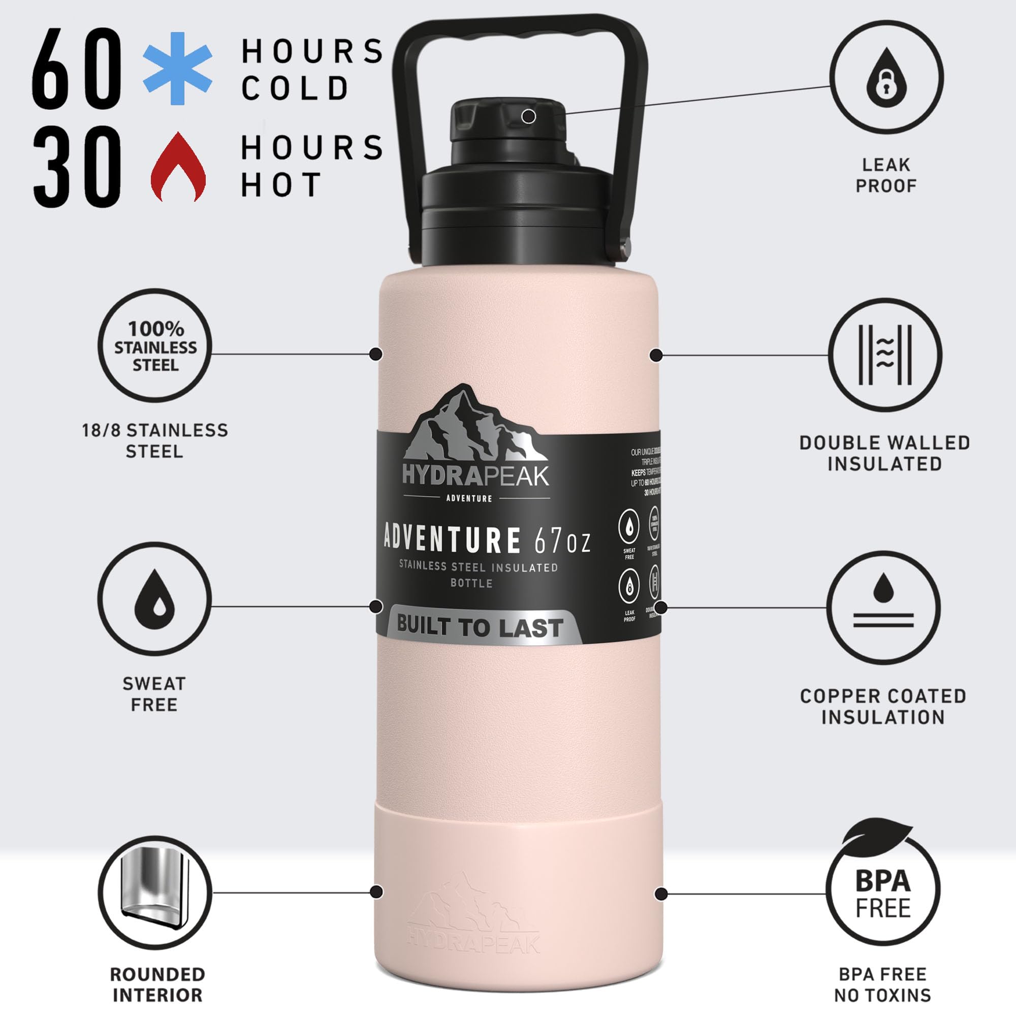 Hydrapeak Adventure 67oz Insulated Water Flask - Half Gallon Seashell Stainless Steel Canteen with Boot