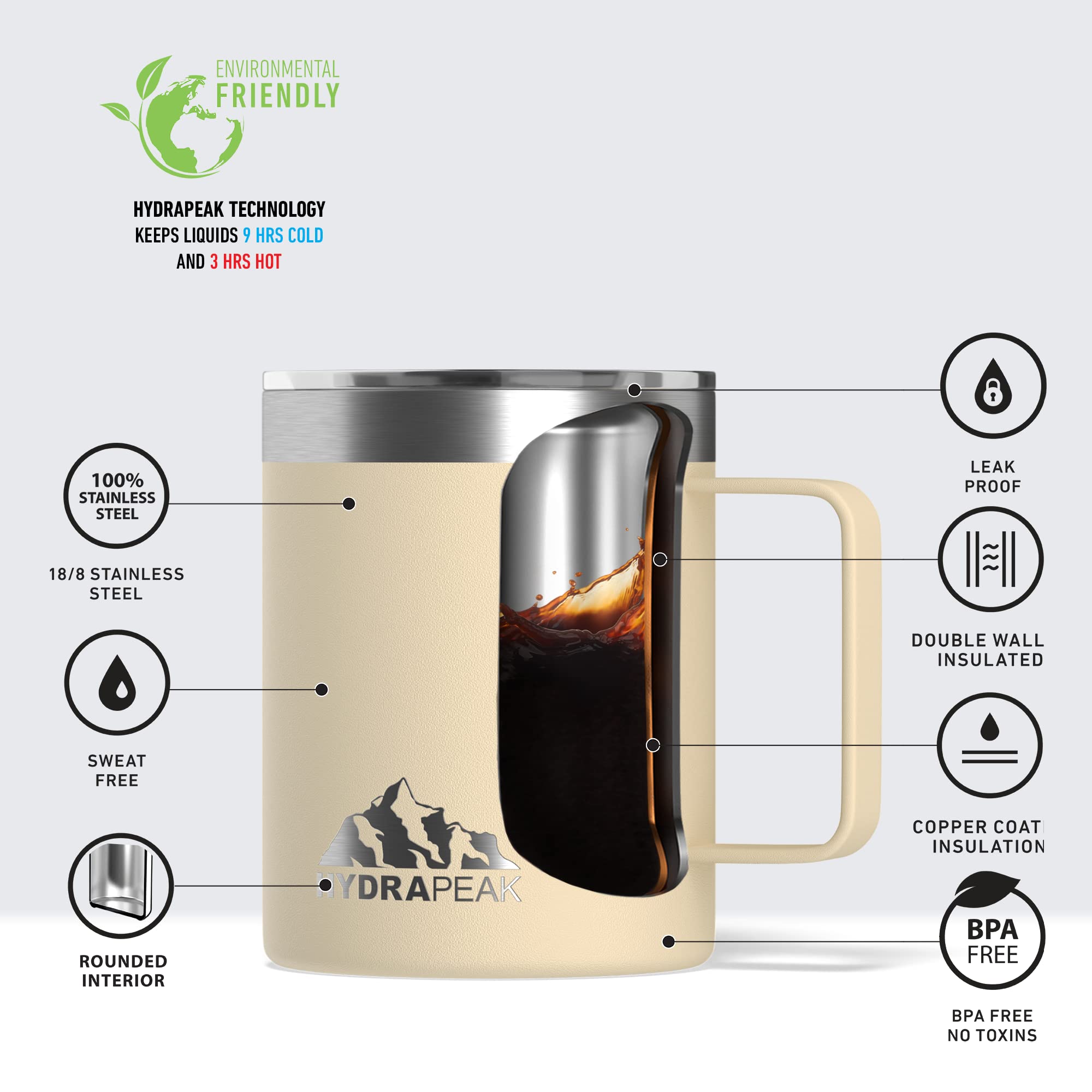 Hydrapeak 14oz Insulated Coffee Mug with Handle - Double Wall Travel Mug, 3 Hours Hot / 9 Hours Cold, Spill-Proof