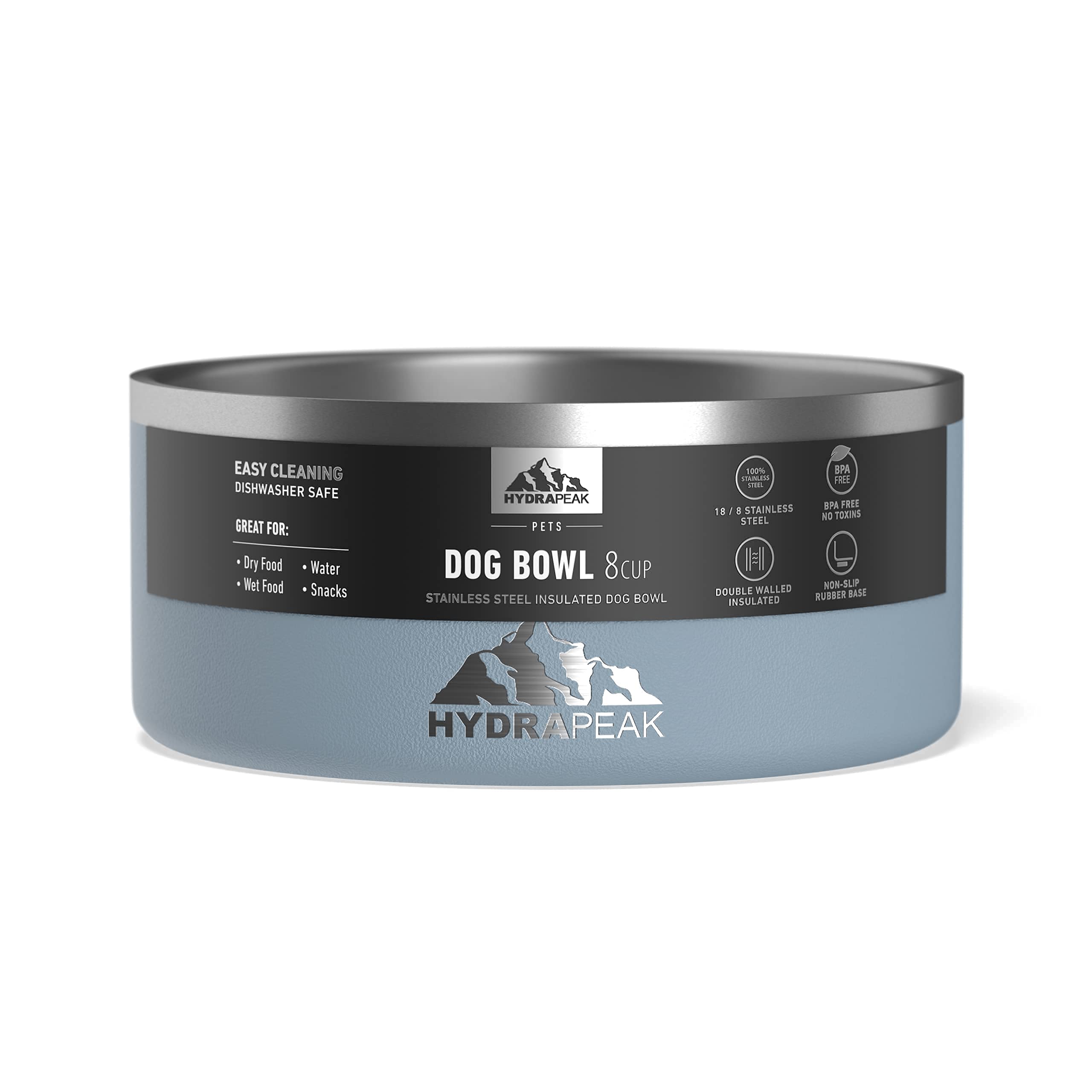 Hydrapeak Non-Slip Stainless Steel Dog Bowl - 8 Cup (64oz) Storm Gray