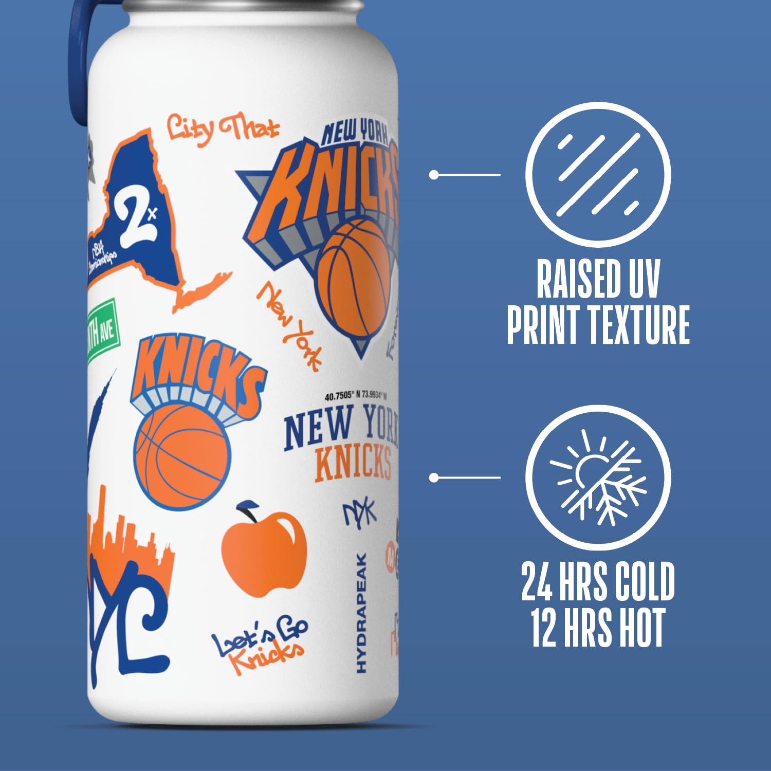 Hydrapeak New York Knicks 32oz Insulated Water Bottle – Straw Lid & Handle, Official NBA Licensed (White)