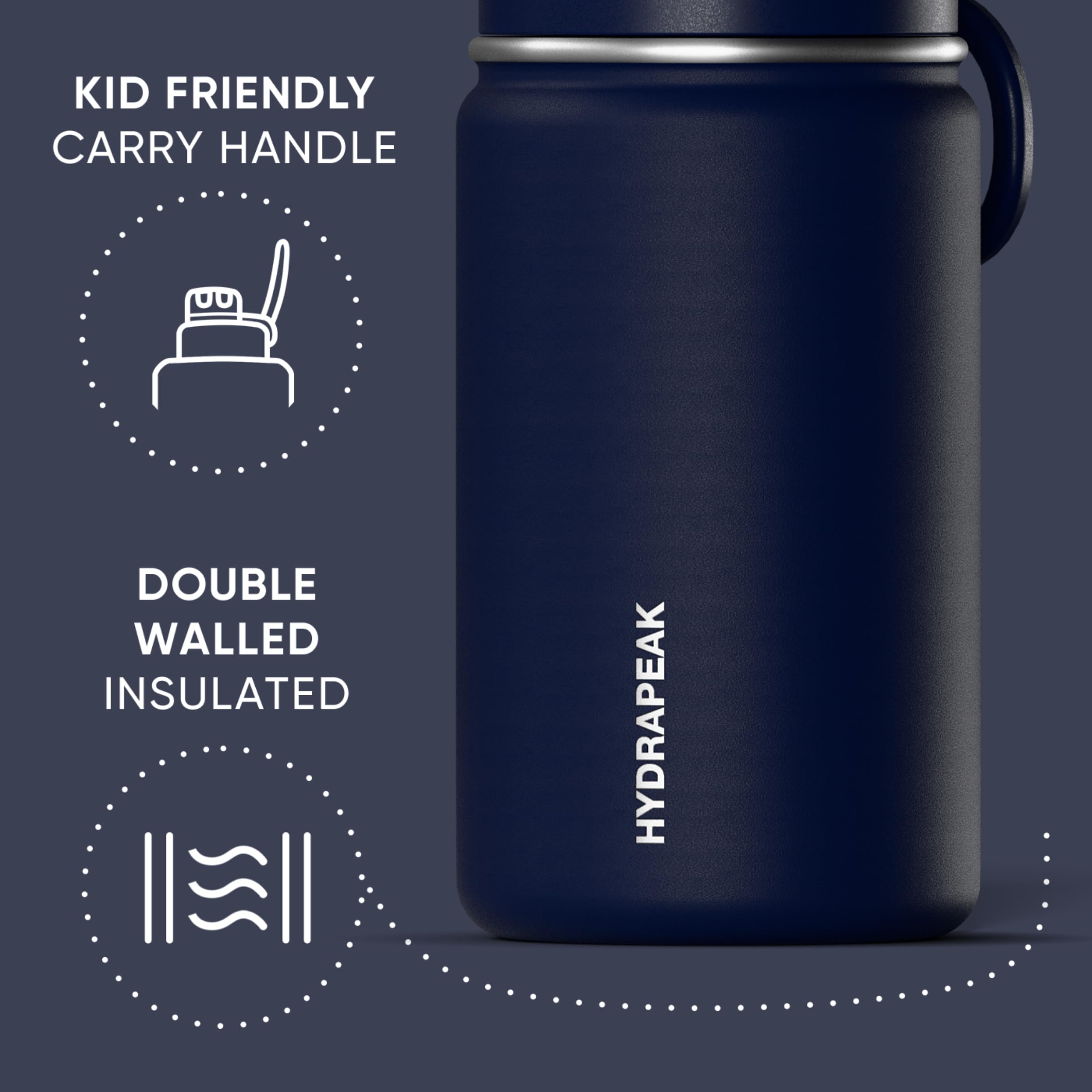 Hydrapeak Mini 14oz Stainless Steel Water Bottle with Straw Lid - Navy (Lifetime Warranty)