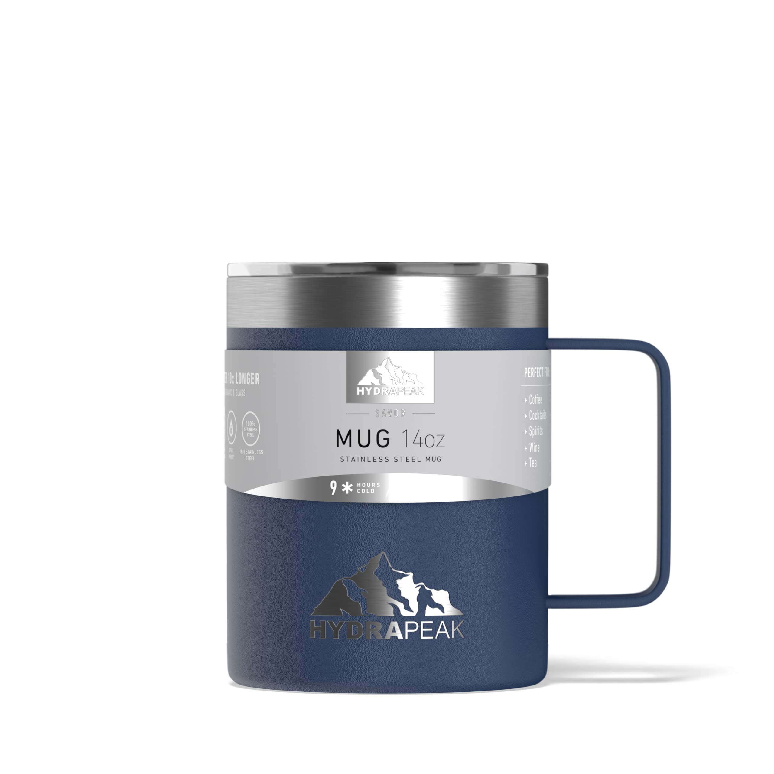 Hydrapeak 14oz Insulated Travel Mug with Splash-Proof Lid - Stainless Steel, Double-Walled with Handle, Cobalt