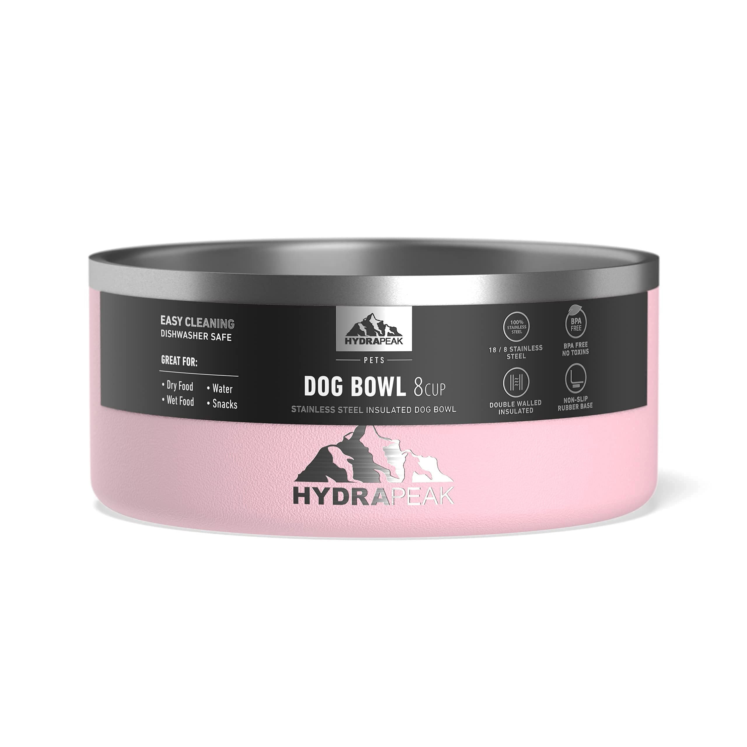Hydrapeak Pink Stainless Steel Dog Bowl 8 Cup - Large Breed Non-Slip Water & Food Dish