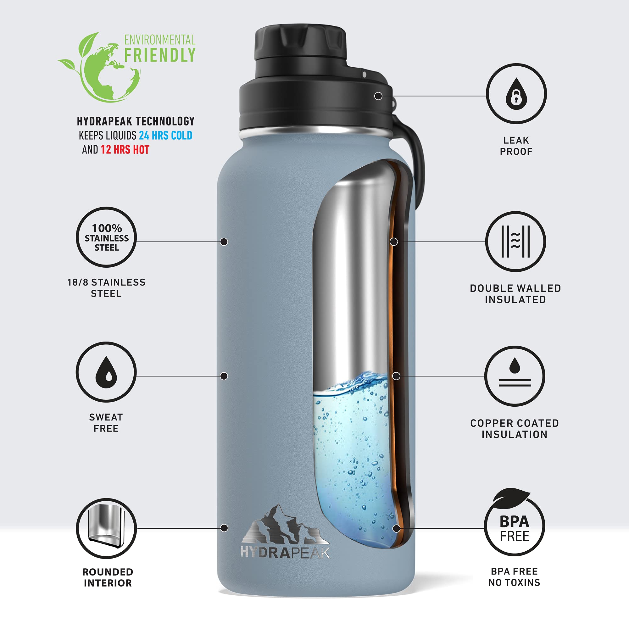 Hydrapeak Active 32oz Insulated Water Bottle with Chug Lid - Storm Gray