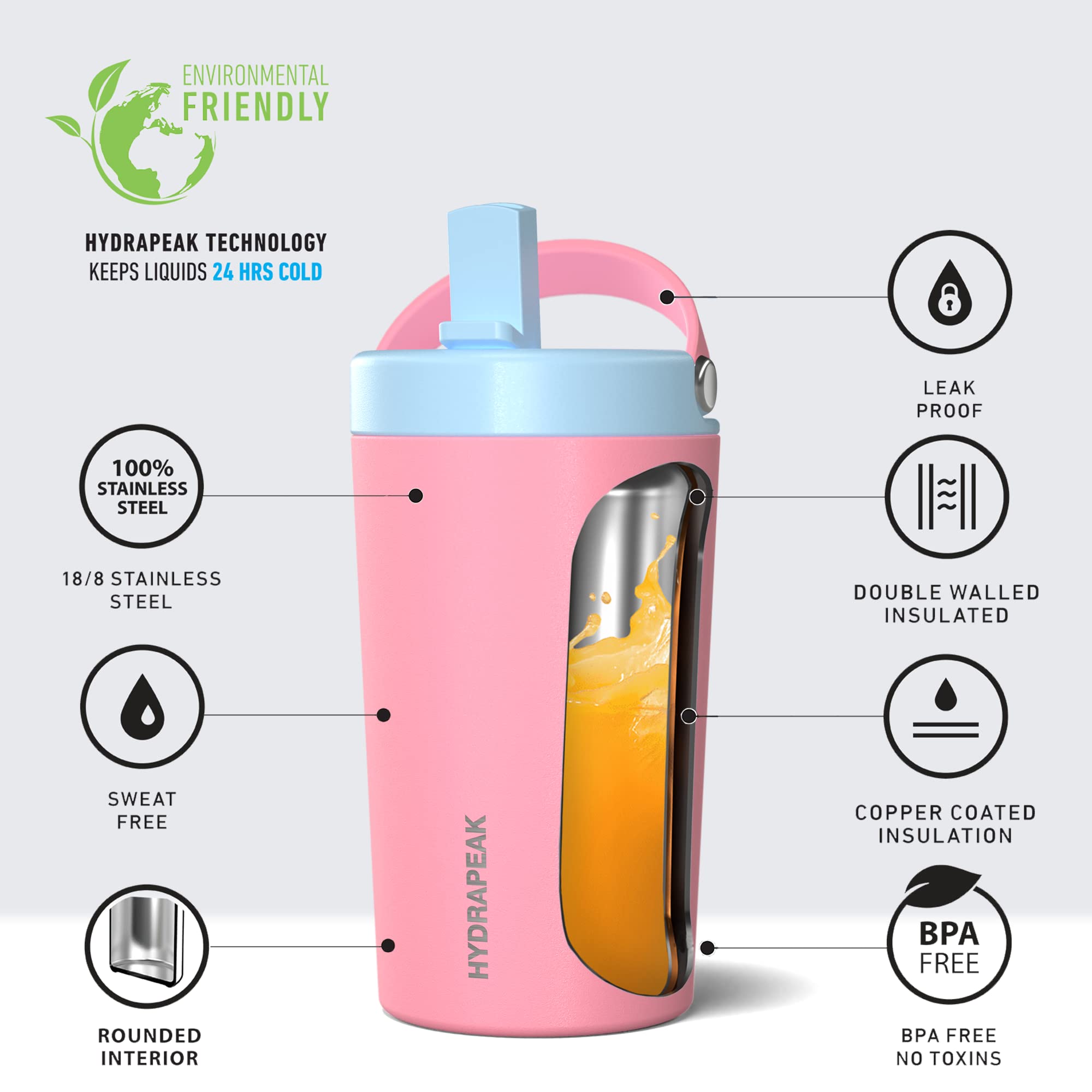 Hydrapeak Junior 14oz Insulated Kids Water Bottle - Bubblegum/Cloud, Leak Proof Straw Lid